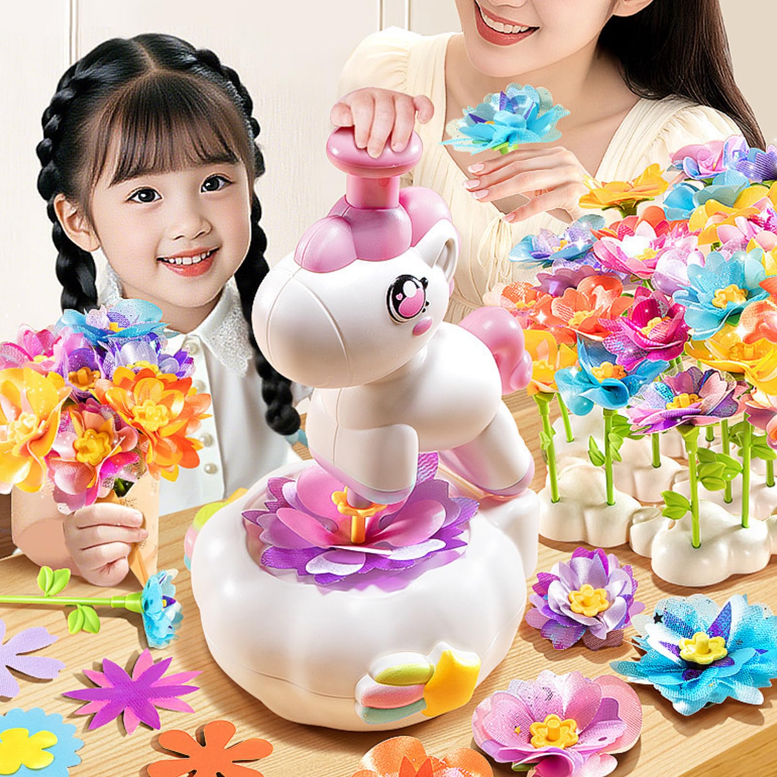Interaktives Blumenpress Bastelset für Kinder, Spielzeug mit Blumenzubehör für Kinder und Mädchen, fantasievolles kreatives Spielen, Pressmaschinenspielzeug