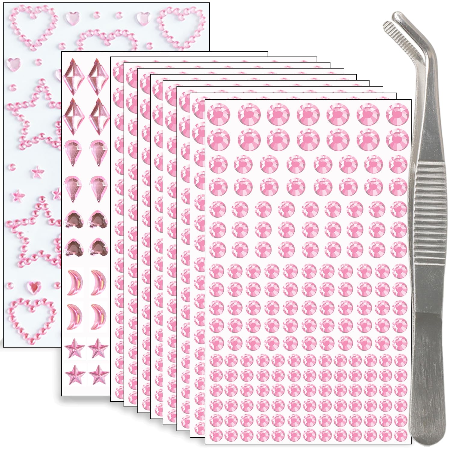 1760 Pcs Pink Hair Jewels Face Gems Stick on, Self Adhesive Glitter Rhinestones Stickers for Women Body Eyes Nails Festival Halloween Makeup & Crafts