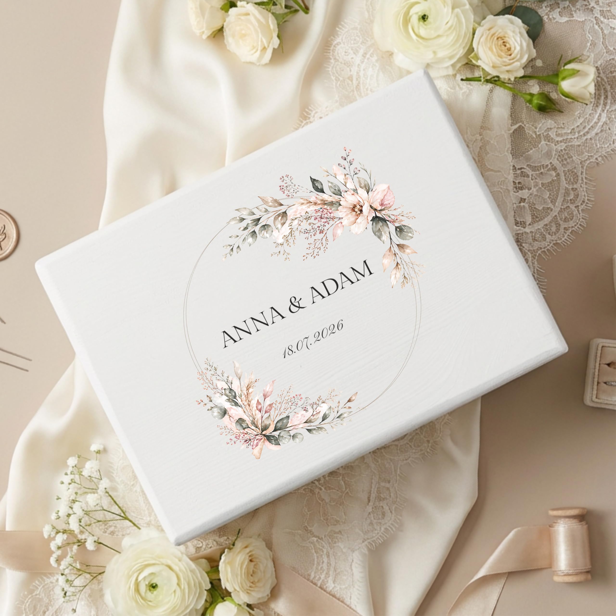 Creative DECO Personalizada Caja de Regalos Originales para los Novios Boda | Regalo Blanca | Caja Madera de Recuerdos Especiales | Parejas Aniversario Matrimonio | Motivo Corona y Flores Nombres Fecha