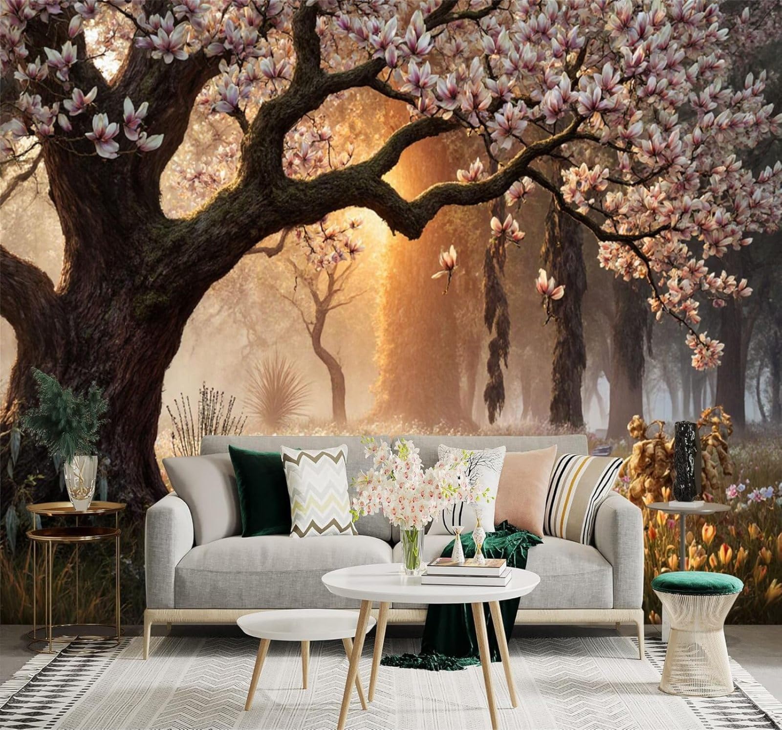 Xlming 430Cm×300Cm(B×H) Cherry Blossom Trees Park Bench Sunrise Grass 3D Wallpaper Premium Textured Silk Study Dining Living Room Bedroom Sofa Tv Wall Easy Install-430Cm×300Cm