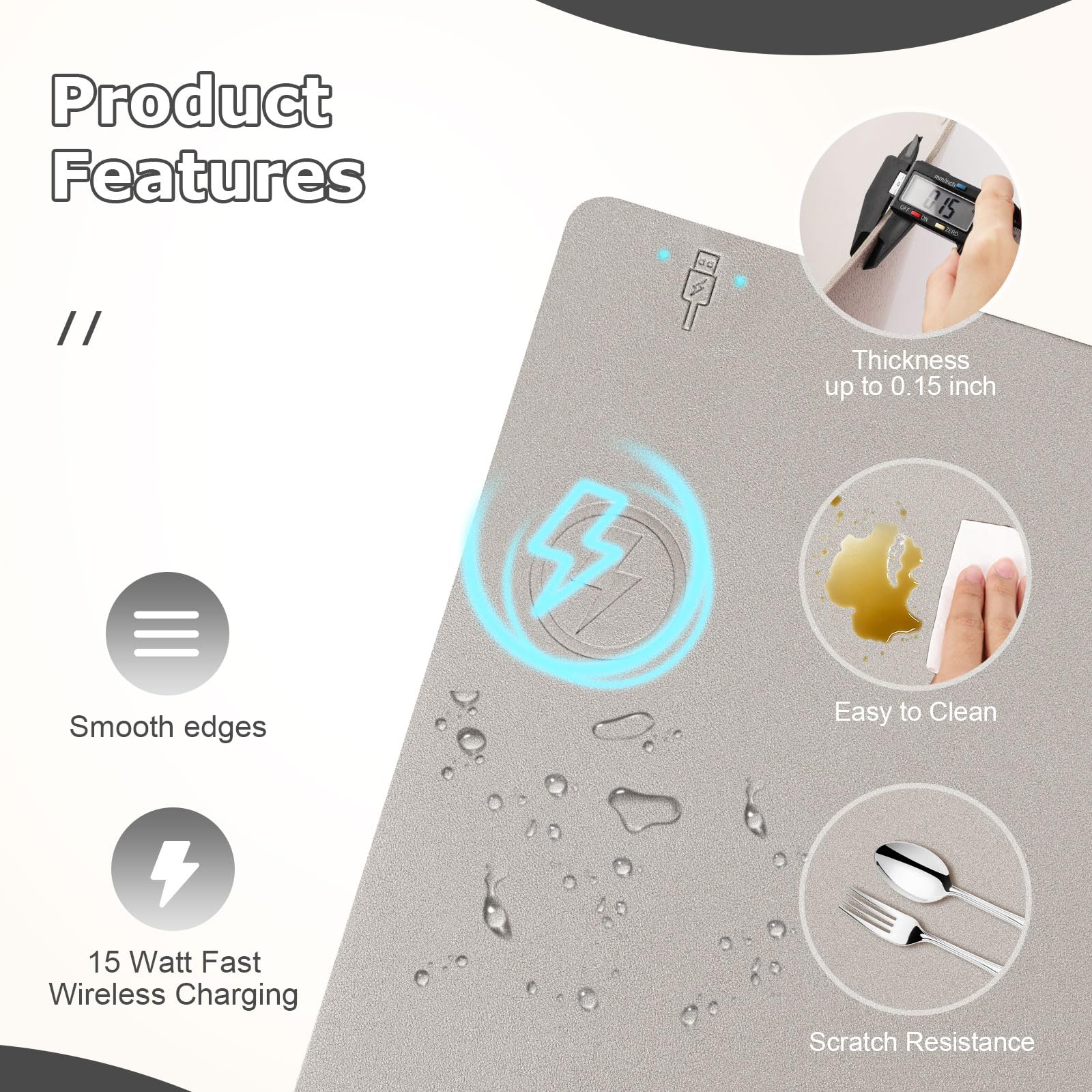Tappetino per mouse 2 in 1 con ricarica wireless, multifunzione, in pelle, con base in gomma antiscivolo, tappetino da scrivania impermeabile per computer, ufficio, lavoro, casa, decorazione