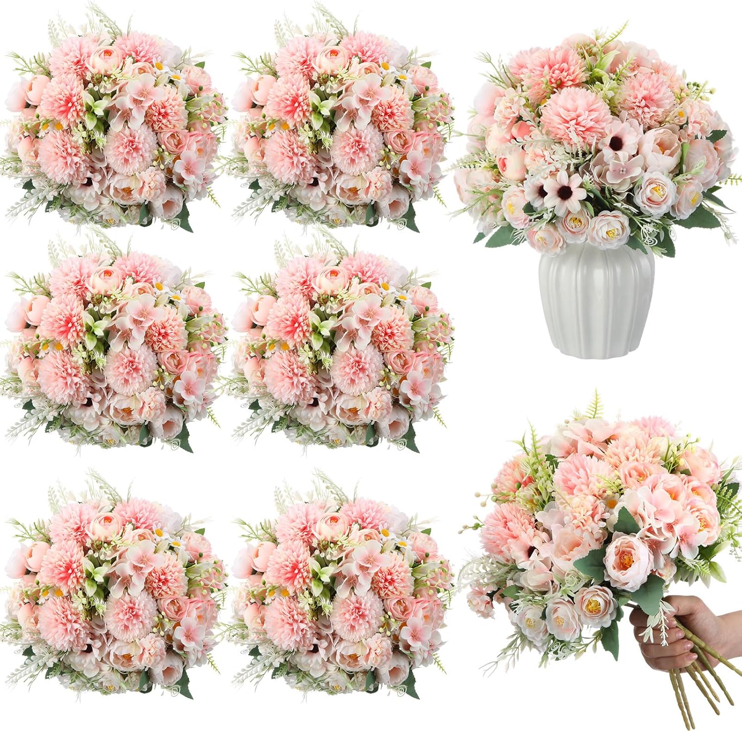 Tigeen 6 Bundles Artificial Bouquet Flowers Artificial Peonies Faux Roses Silk Flowers Hydrangea Bouquet for Wedding Table Centerpiece Floral Vase Decor (Pink)