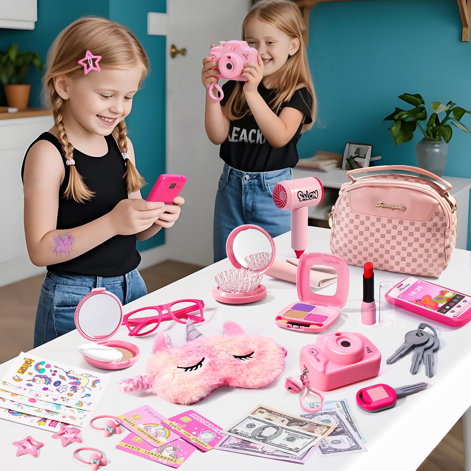 Monedero para niñas pequeñas con accesorios, bolso con maquillaje de simulación para niñas, incluye tatuajes de unicornio, máscara de dormir para niños, secador de pelo, juguetes de juego de princesa 7