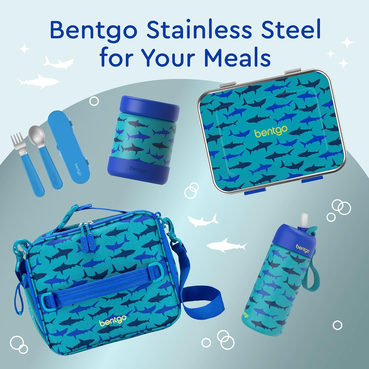 Bentgo Kids Stainless Steel Prints Leak-Resistant Lunch Box - 3-Compartments with Bonus Silicone Container, Durable, Eco-Friendly, Dishwasher Safe, BPA-Free, Ideal for School, Ages 3+ (Shark)
