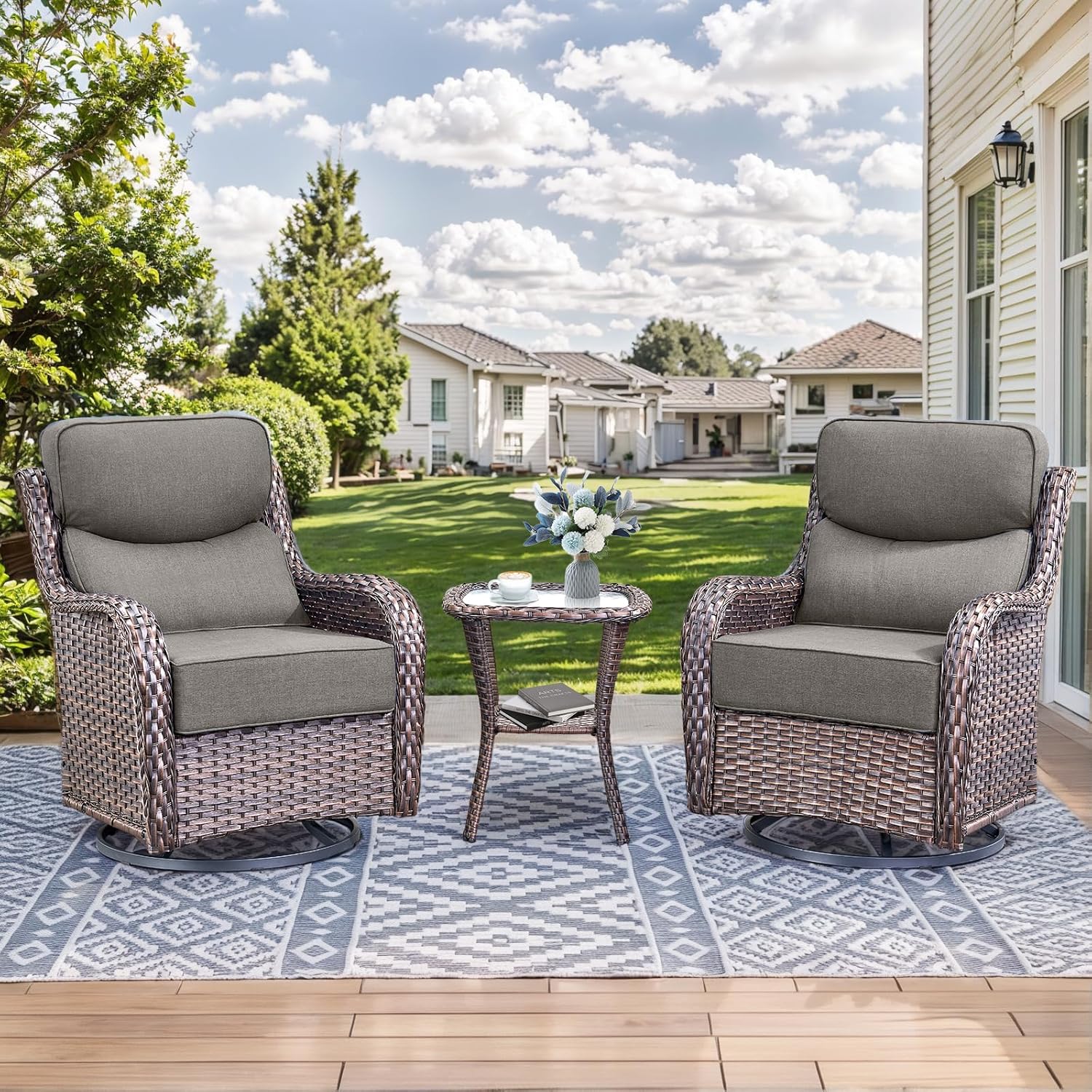 HUMMUH Outdoor Patio Wicker Swivel Rocker Chairs with 6-Inch Thick Cushion High Back 3 PCS Wicker Conversation Set for Porch Balcony Deck