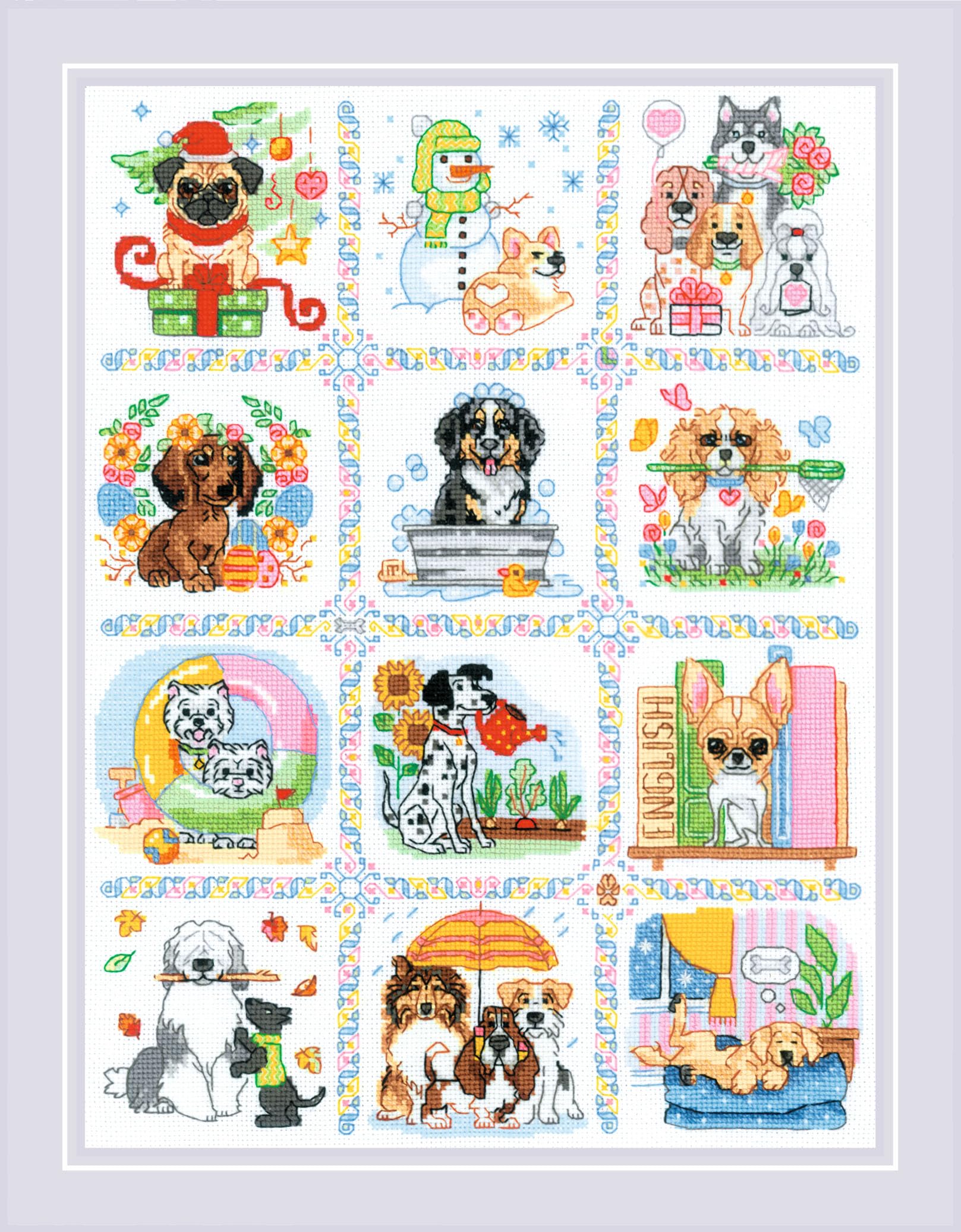 RIOLIS - Dog Calendar 2245, Dogs Cross Stitch Kits 11¾"x15¾, Counted Cross Stitch Kits, Counted Cross Stitch Kits for Beginners & Advanced, Cross Stitching Kits for Adults, Dog Embroidery Kit