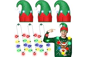 Suhine 3 Light Up Elf Hat and Christmas Necklace