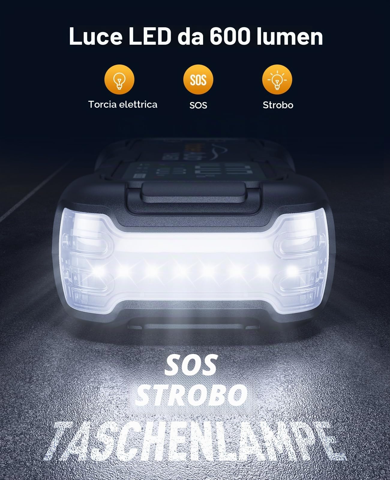 YaberAuto YA60 Power bank di avviamento per auto, con picchi di corrente da 6000 A, carica rapida da 45 W, schermo LCD da 3,3", torcia LED da 600 lumen