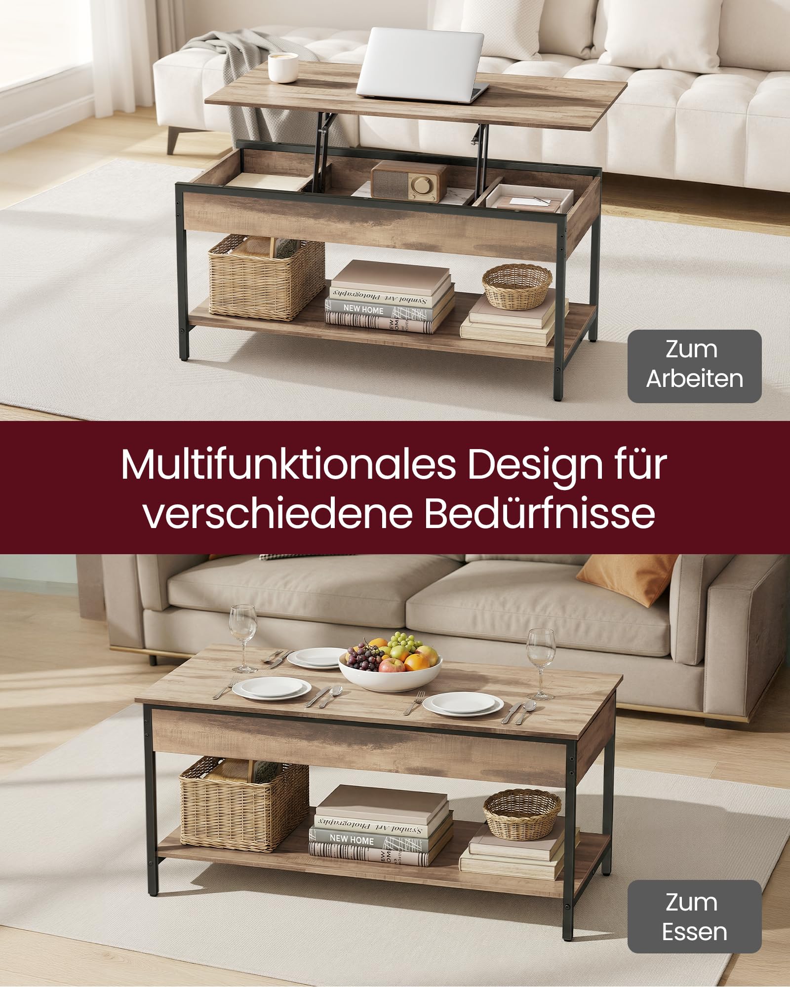 VASAGLE Couchtisch, höhenverstellbarer Wohnzimmertisch, Kaffeetisch, mit offenem Fach und versteckten Fächern, 50 x 100 cm, Kamelbraun-tintenschwarz LCT261LB02