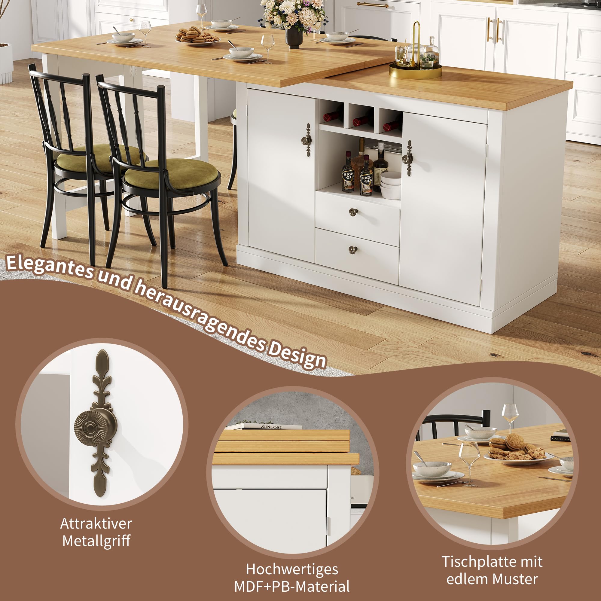 Table de bar rétractable de haute qualité avec fonction pivotante à 360° et espace de rangement, longueur réglable 120-180 cm, salon, salle à manger, table de bar rétractable (naturel + blanc)