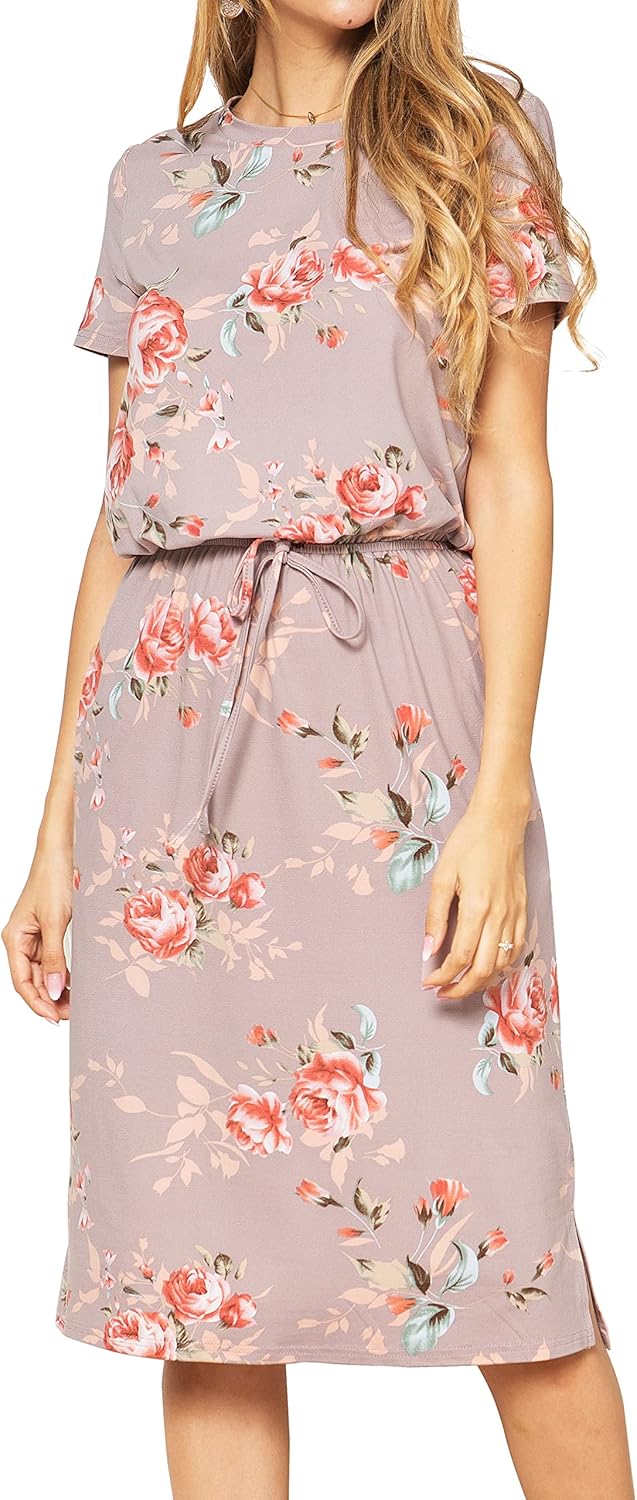 Womens Summer Knit Cinched Waist Church Travel Casual Midi Dress Floral Khaki S