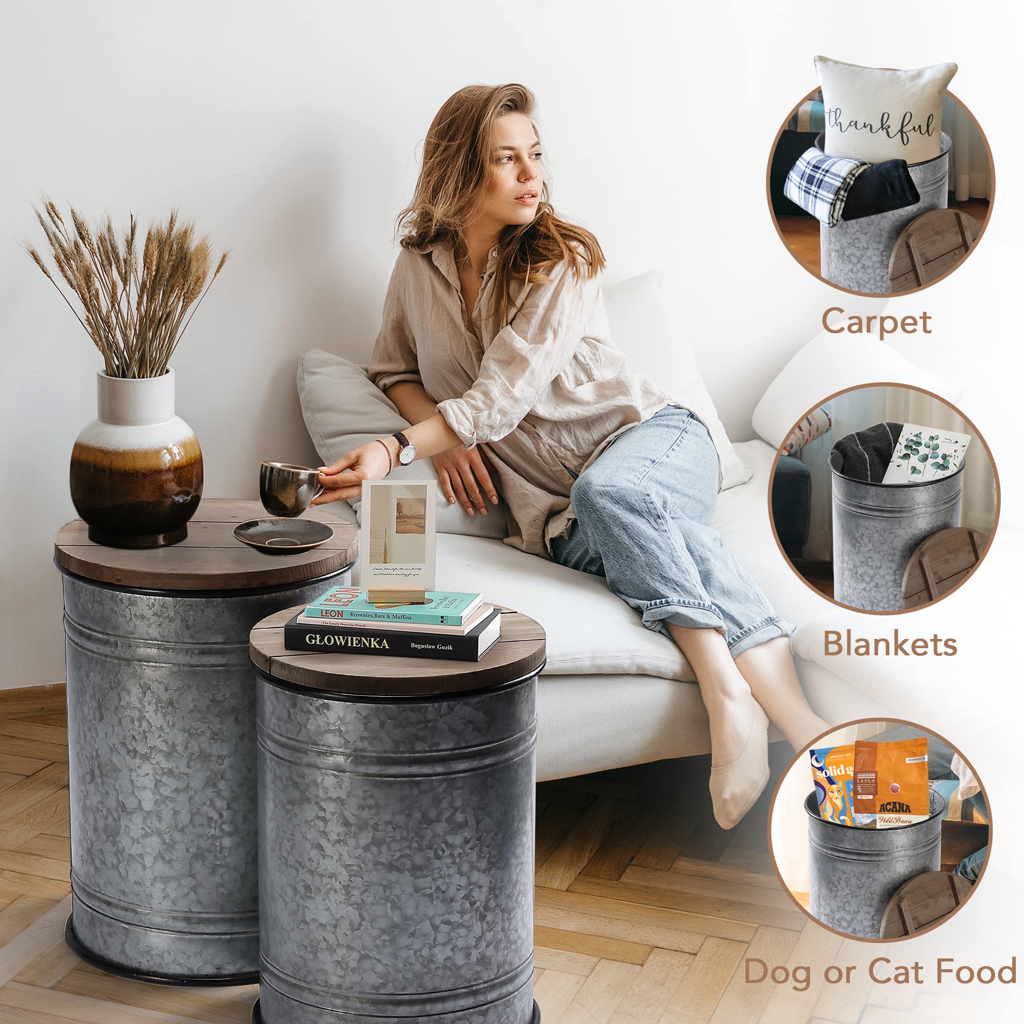RUSTOWN Farmhouse Accent Side Table, Set of 2 Galvanized Storage Ottoman | Antique Metal Bin with Round Wooden Lid, Accent Side Table, Cocktail Table Nesting Pieces for Living Room, Bedroom, Outdoor