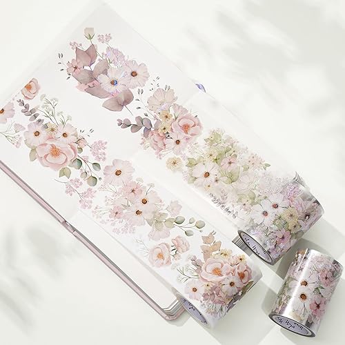 Miniatura 4 de WT Cinta de PET ancha rubor, rollo individual, diseños originales, cinta decorativa de flores rosas acuarelas, cinta adhesiva transparente