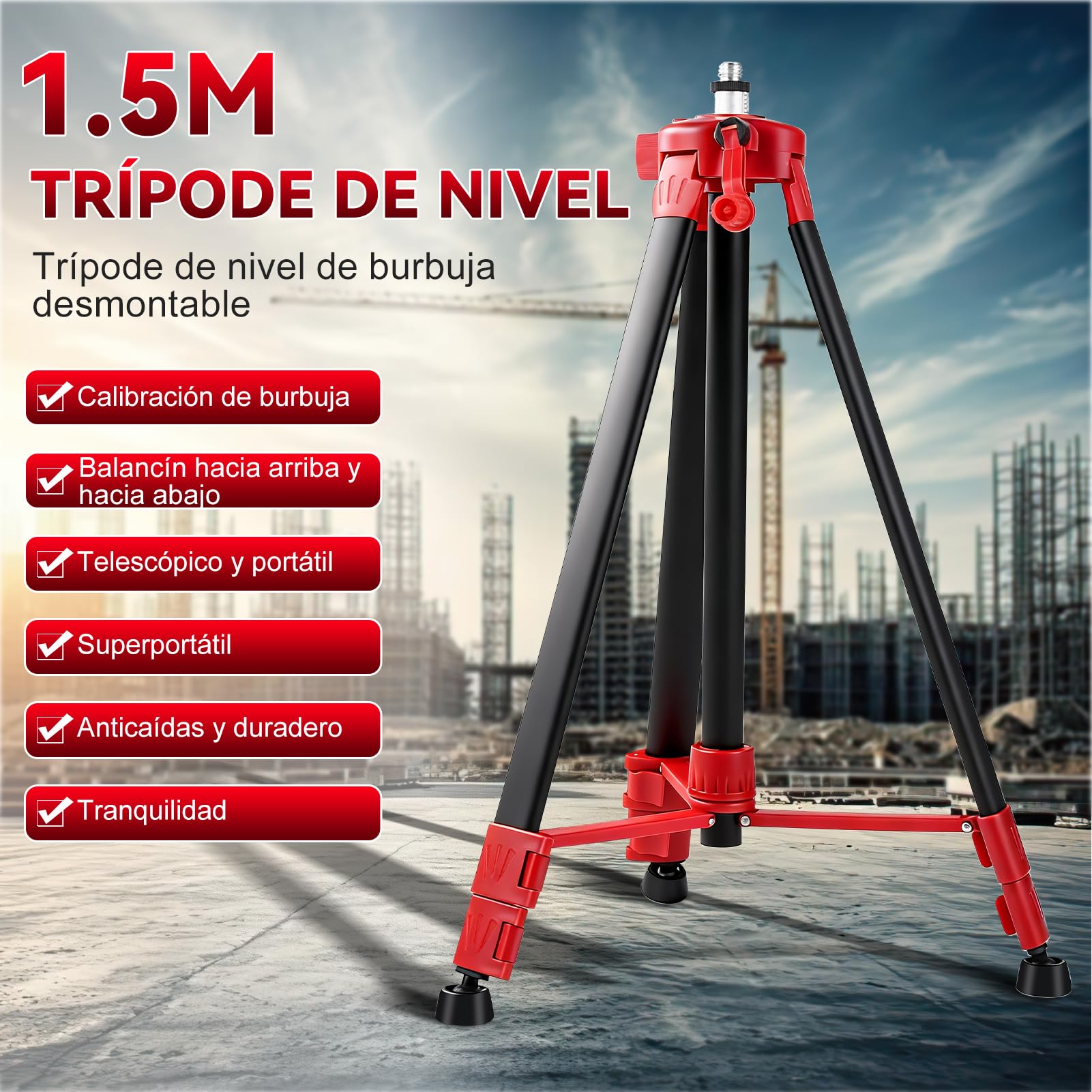 Trípode para Nivel Laser Portátil, trípode telescópico ajustable de 1,5 m, Roscas de 5/8 a 1/4 de Pulgada para Medidores Láser