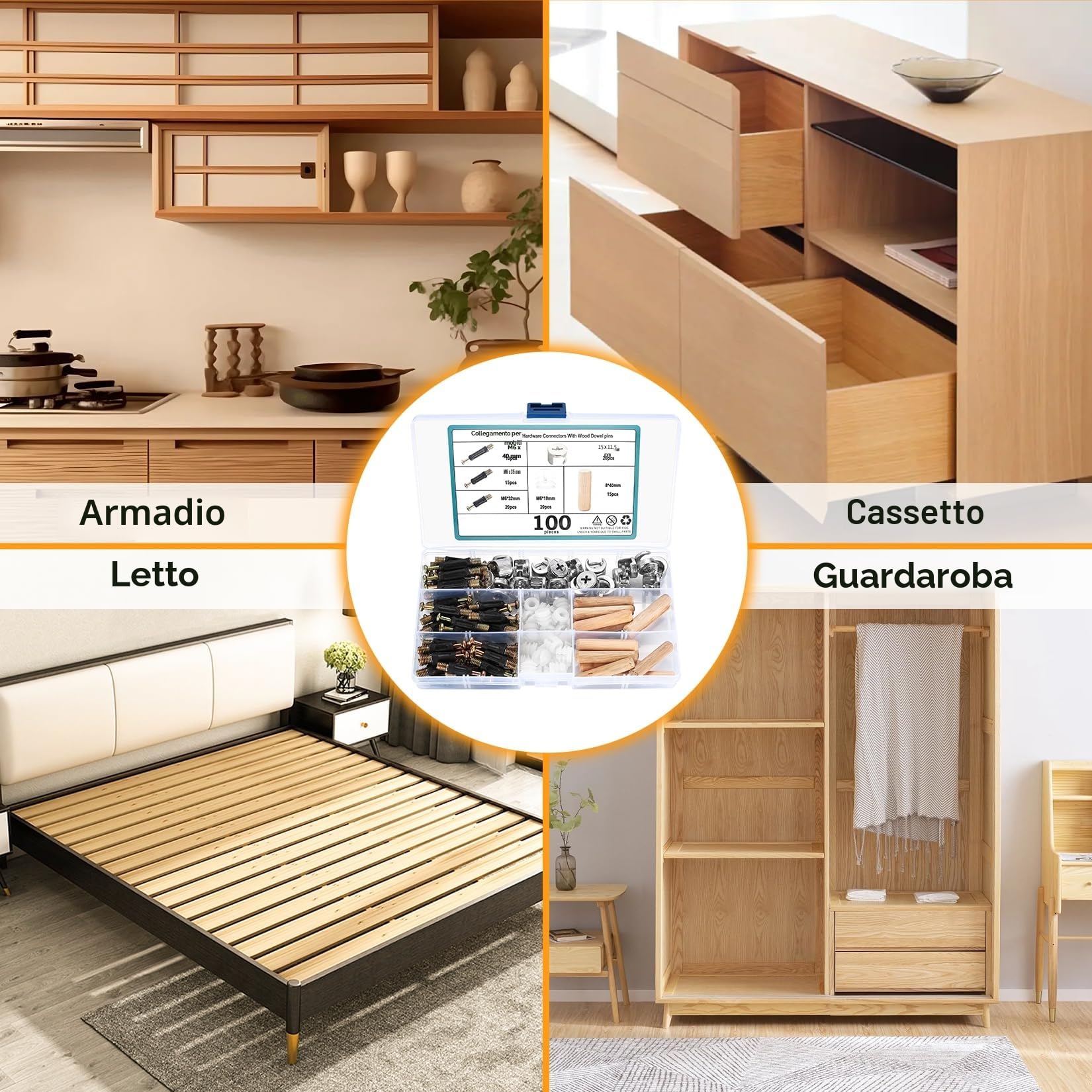 Set di 100 Connettori Mobili Eccentrici da Armadio, Incluso Inserti a escentrico, Dadi in Plastica, Connettore a Camma, Cavicchi in Legno, Kit di Viti di Fissaggio per Mobili da Cucina