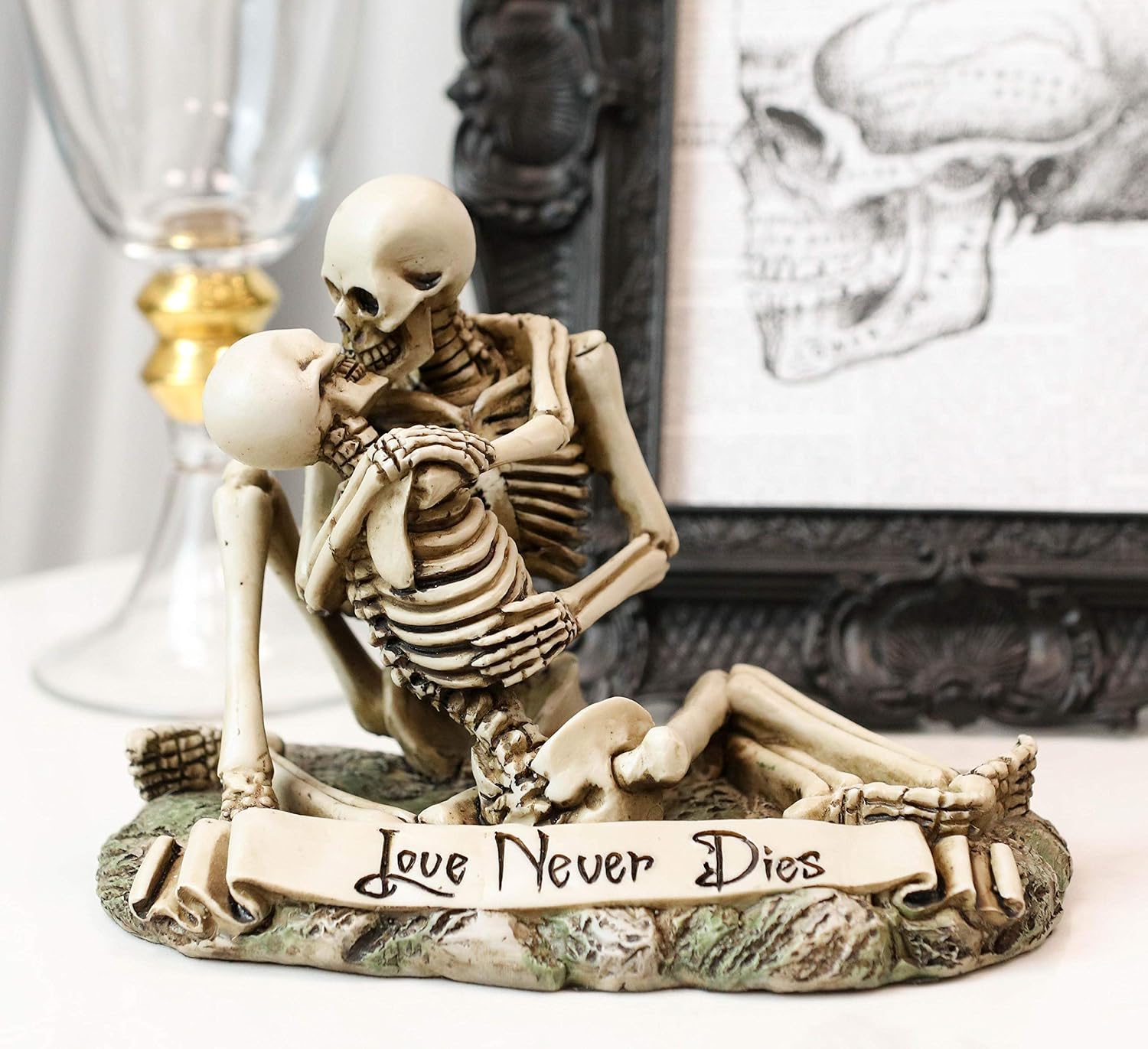 Ebros Love Never Dies Skeleton Couple Kissing by The Graveyard Statue 6" Wide Day of The Dead Decorative Valentine Skeletons Lovers Embracing Ossuary Macabre Figurine
