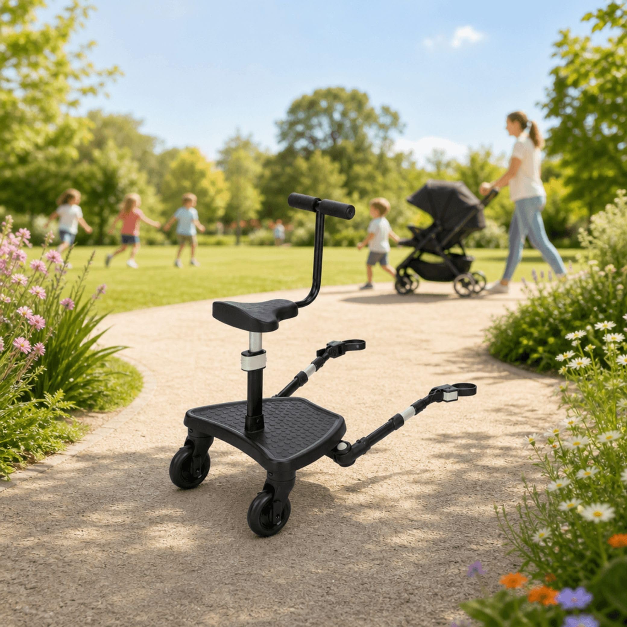 Fillikid FlexiRide Exklusiv Mitfahrbrett mit Sitz | Universal Kinderwagen Board mit Abnehmbarem Sitz | Rutschfestes Buggy Board mit Federung | Verstellbar & Klappbar | bis 22kg