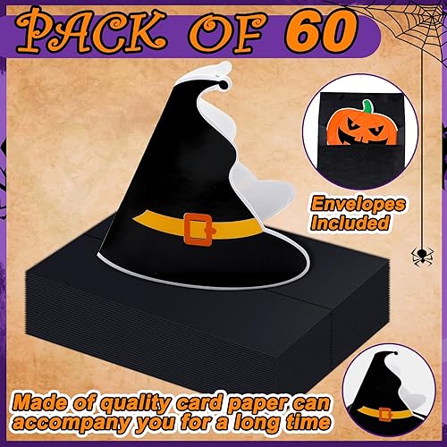 Miniatura 3 de 60 juegos de tarjetas de felicitación de Halloween con calcomanías de sobre, tarjeta negra horrible en blanco para invitaciones de fiesta de