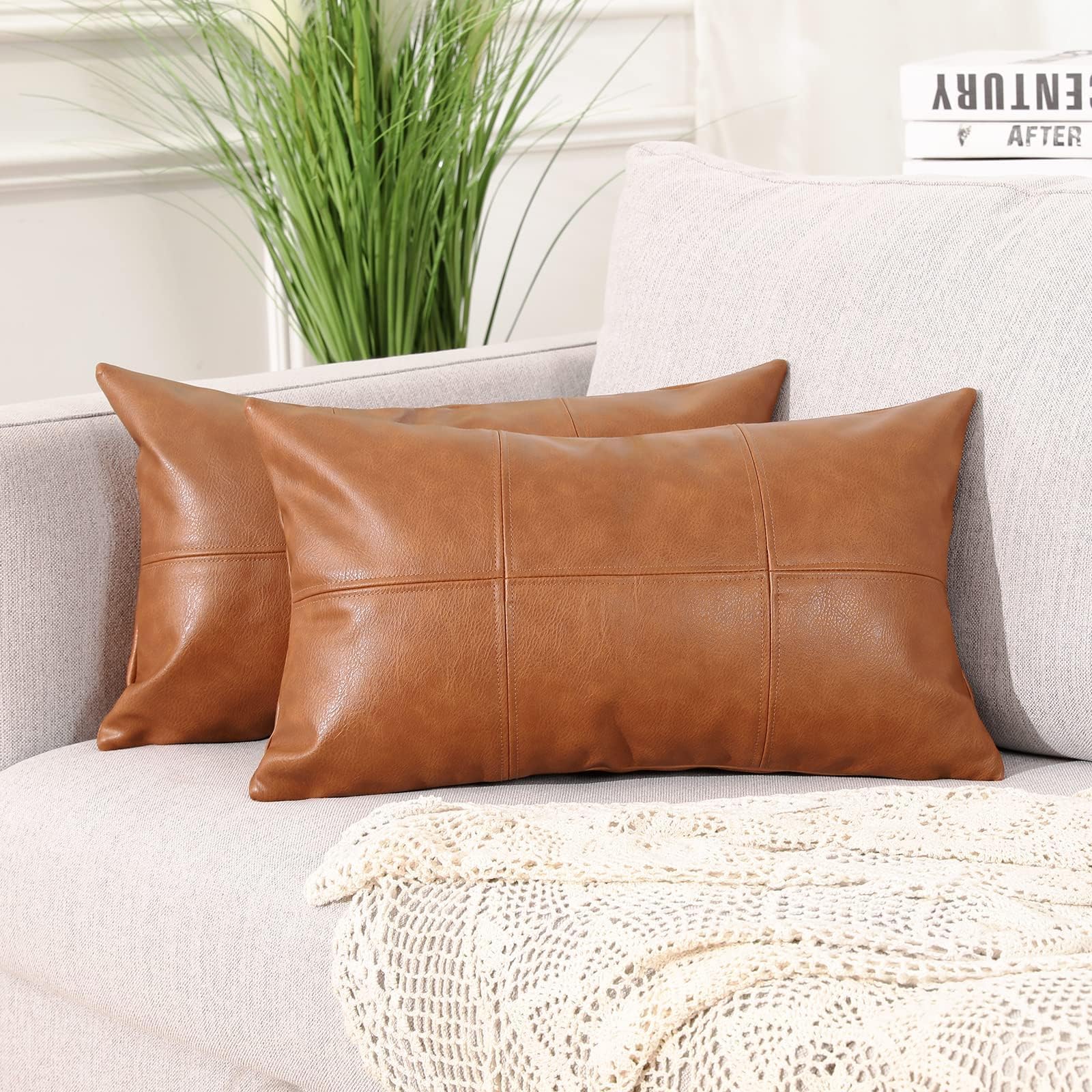 Mandioo Set van 2 klassieke plaid, kunstleer, decoratieve kussenslopen, 30 x 50 cm, met de hand genaaid, modern, luxe, outdoor sierkussen, kussensloop, bankkussens voor bank, slaapbank, bruin