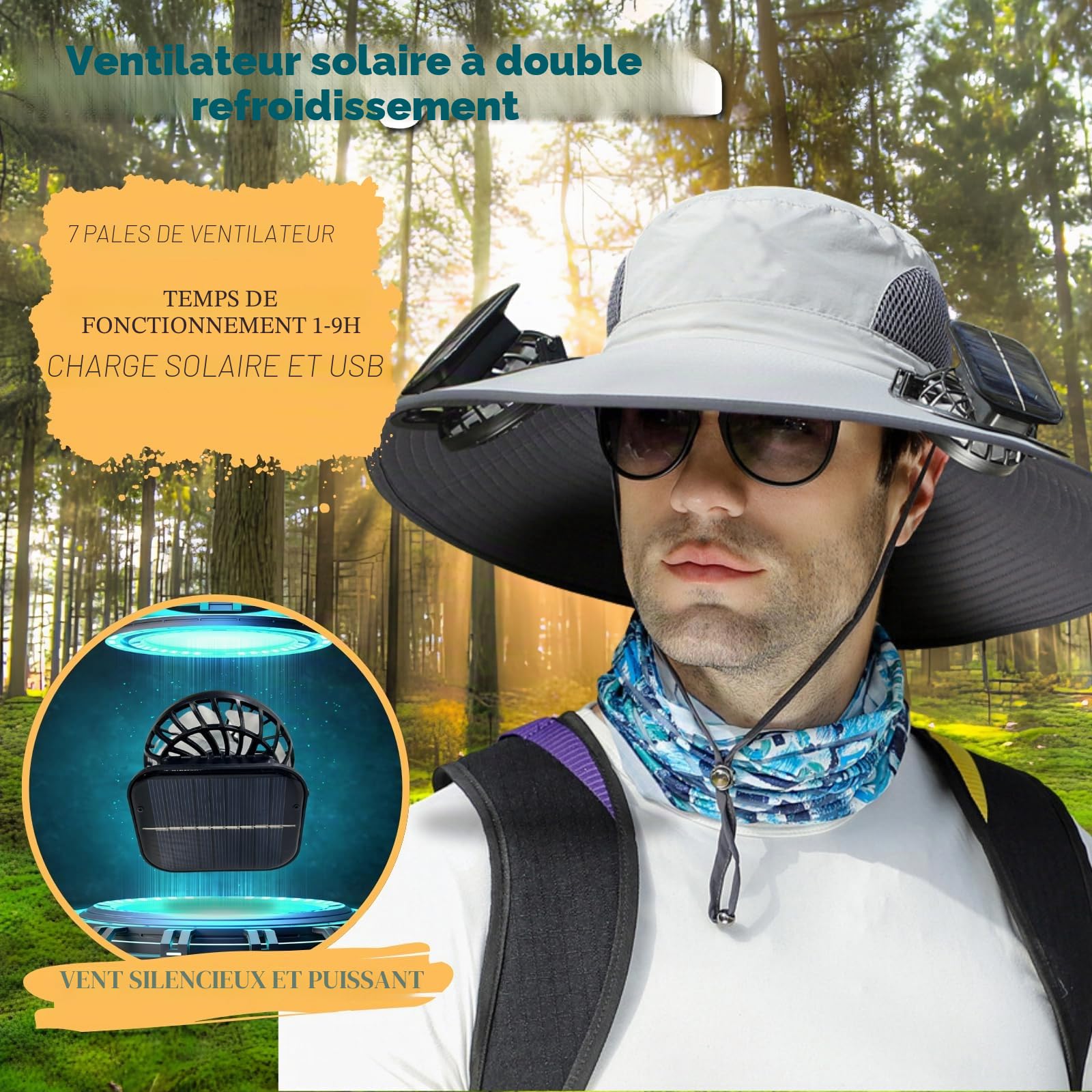 Chapeau de soleil d'extérieur à large bord avec 2 ventilateurs solaires pour homme et femme UPF 50+, chapeau de pêche et de plage avec ventilateur intégré