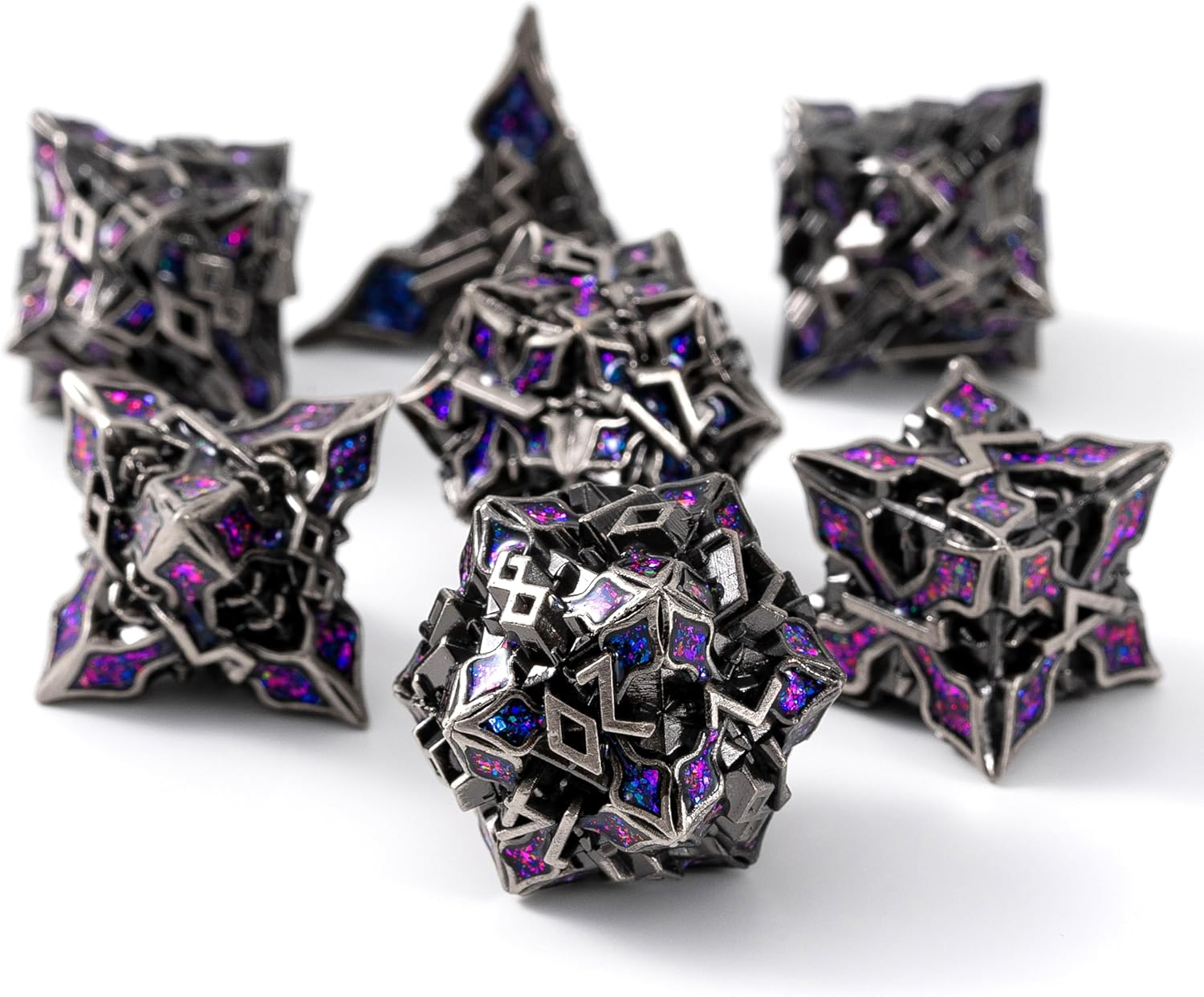 Metal Dice for DND - Spire Sanctum Series - Polyhedral Dice Set for D&D, RPG and More - Balanced Rolls, Beautiful 7 Piece Set for Dungeons and Dragons (Antique Silver Purple Glitter)