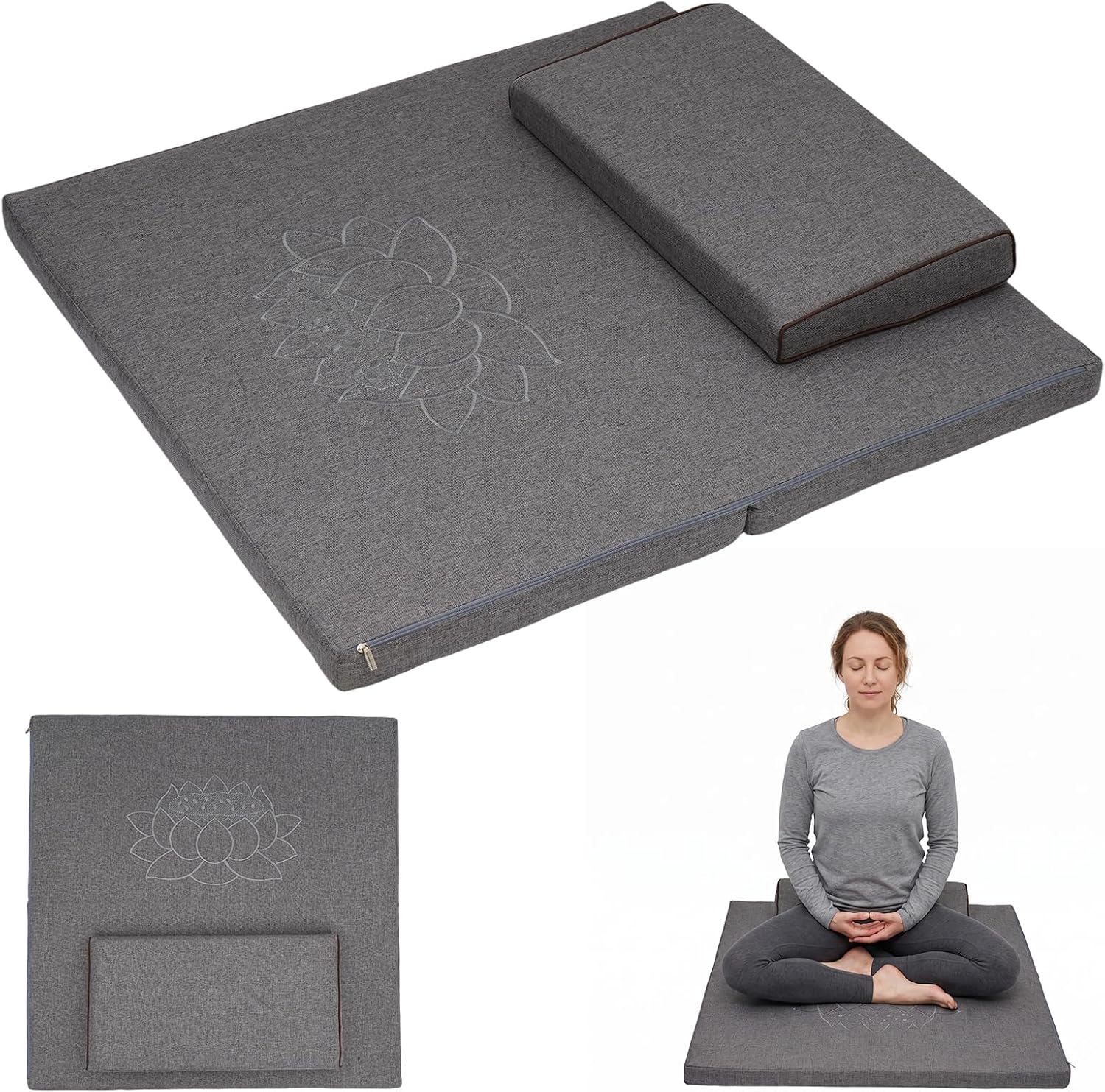 31.5in×31.5in Foldable Meditation Cushion Mat with Removable Cover | Large Breathable Mindful Floor Sitting Pillow Set, Ergonomic Support Zafu Pad for Yoga Zen Kneeling Sitting, Grey