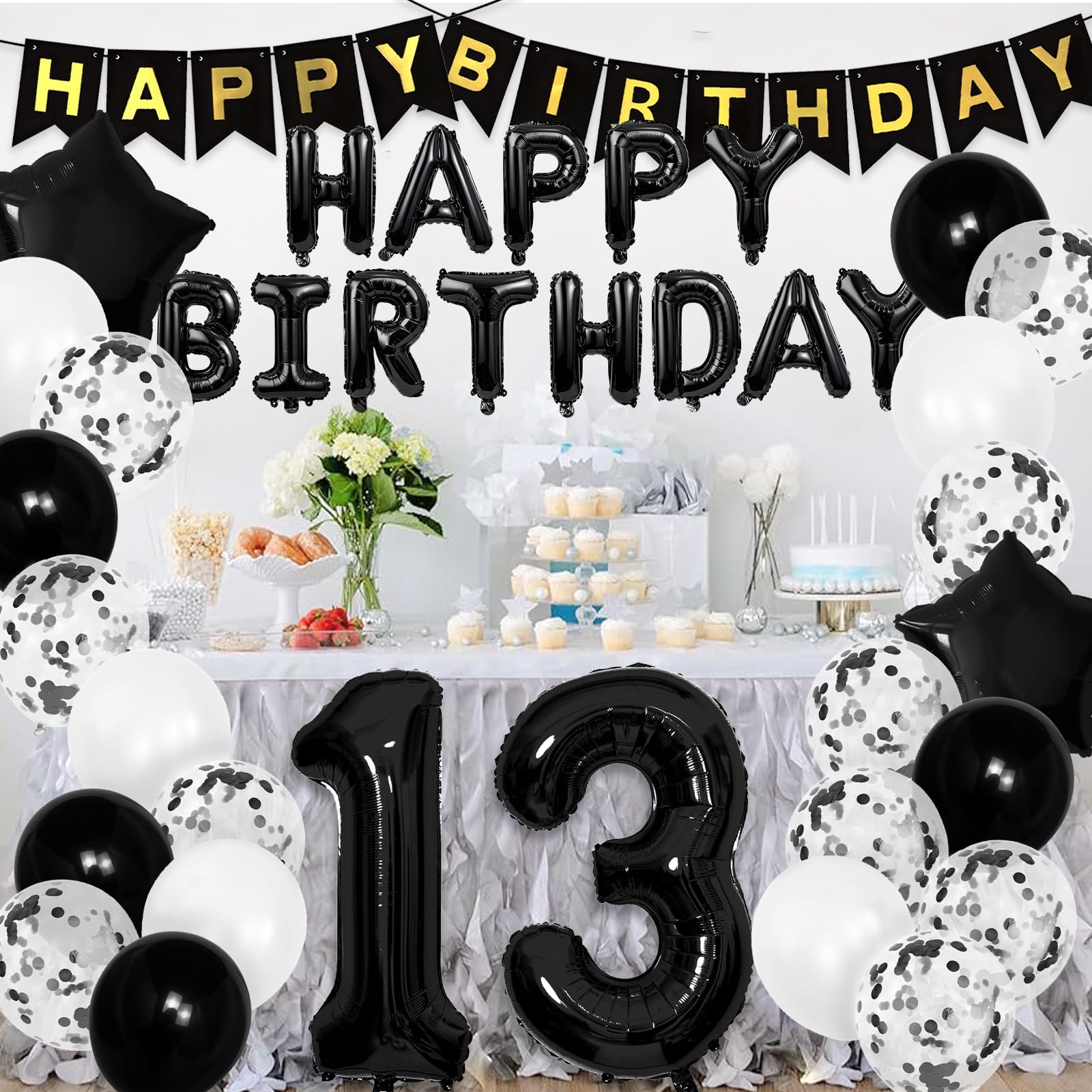 13th Birthday Decorations Set, Black Birthday Party Decorations, Happy Birthday Banner, Official Teenager Balloon Banners, Black White Latex Balloons for 13 Year Old Party Supplies