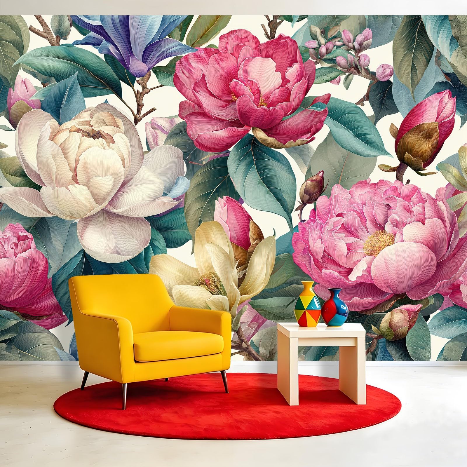 Panoramiczna Tapeta Magnolia Piwonia Kwiaty 300 x 210 cm (szer. x wys.) Gigantyczny plakat ścienny Rośliny Dekoracja - Tapeta z włókniny do salonu, sypialni, tła TV i biura (łatwy w instalacji)