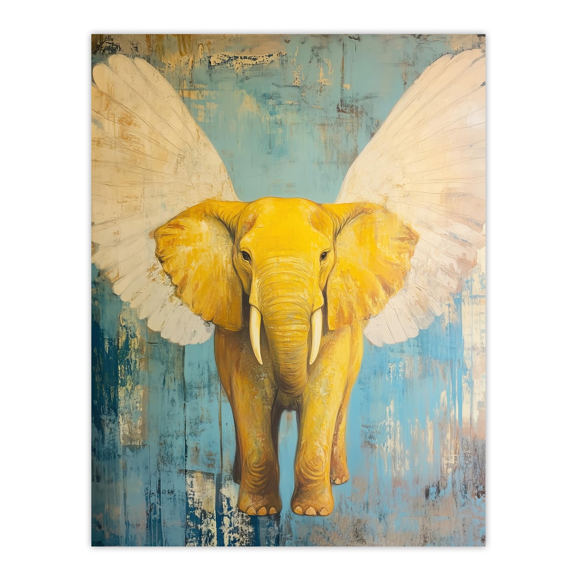 Artery8 Yellow Elephant With Angel Wings Oil Painting Living Room Large Wall Art Poster Print Thick Paper 18X24 Inch