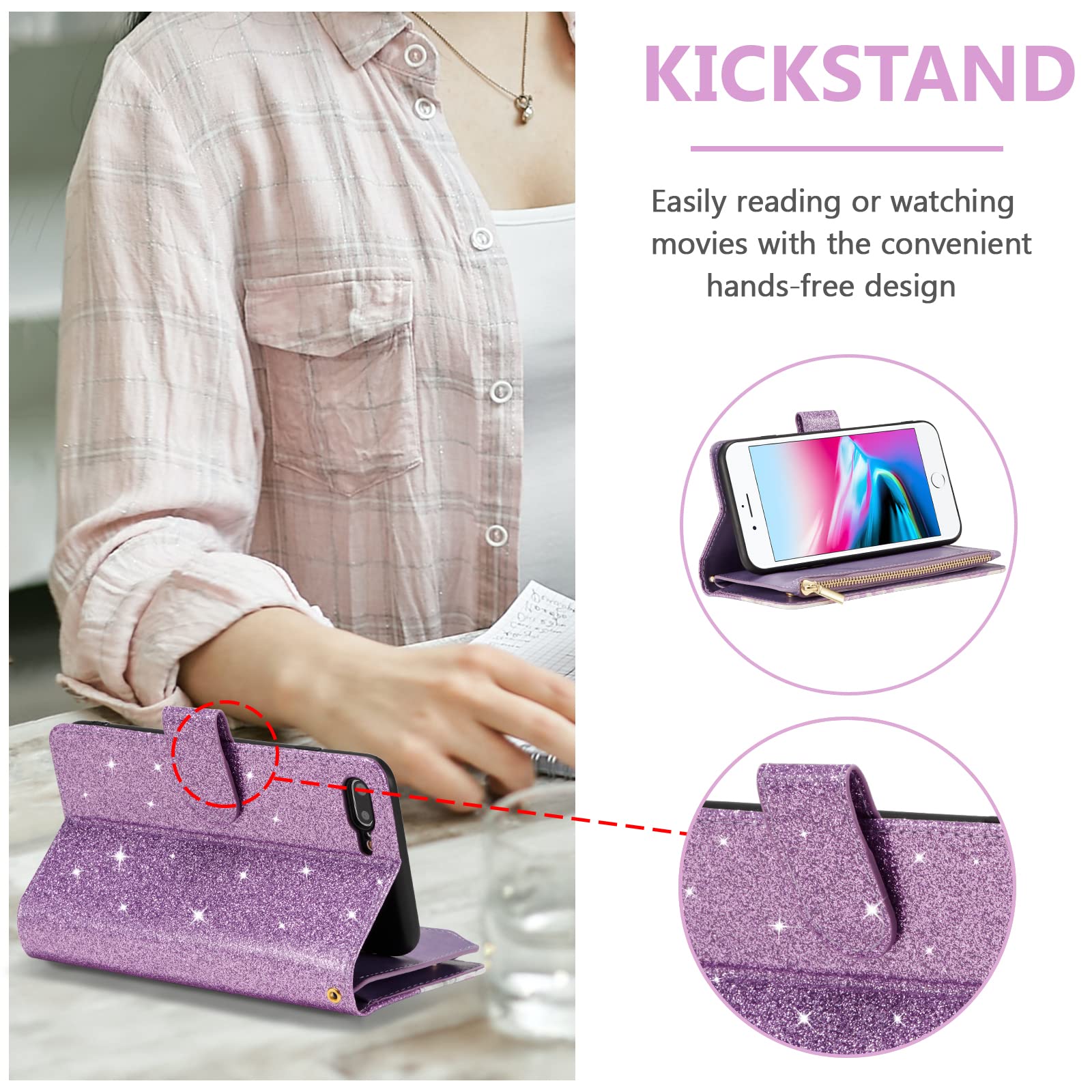 UEEBAI Wallet Case For IPhone SE 2022 5G/iPhone 7/iPhone 8/iPhone SE 2020, Glitter PU Leather Magnetic Zipper Case Kickstand Card Slots Wrist Strap TPU Flip Cover For IPhone SE3/SE2 - Bling Purple - View #11