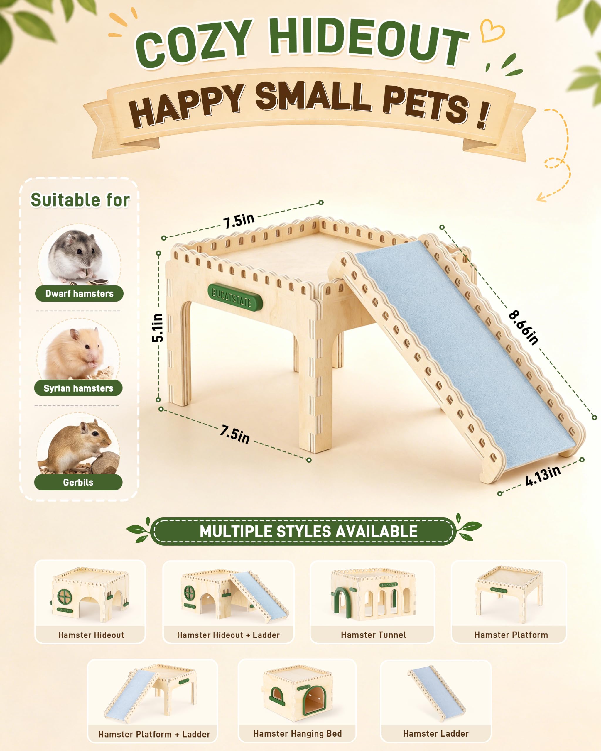 Bucatstate Castillo escondite de hámster de madera natural, fácil de montar y transpirable | Cabaña de madera resistente e impermeable para hámsters enanos sirios, jerbos y ratones.
