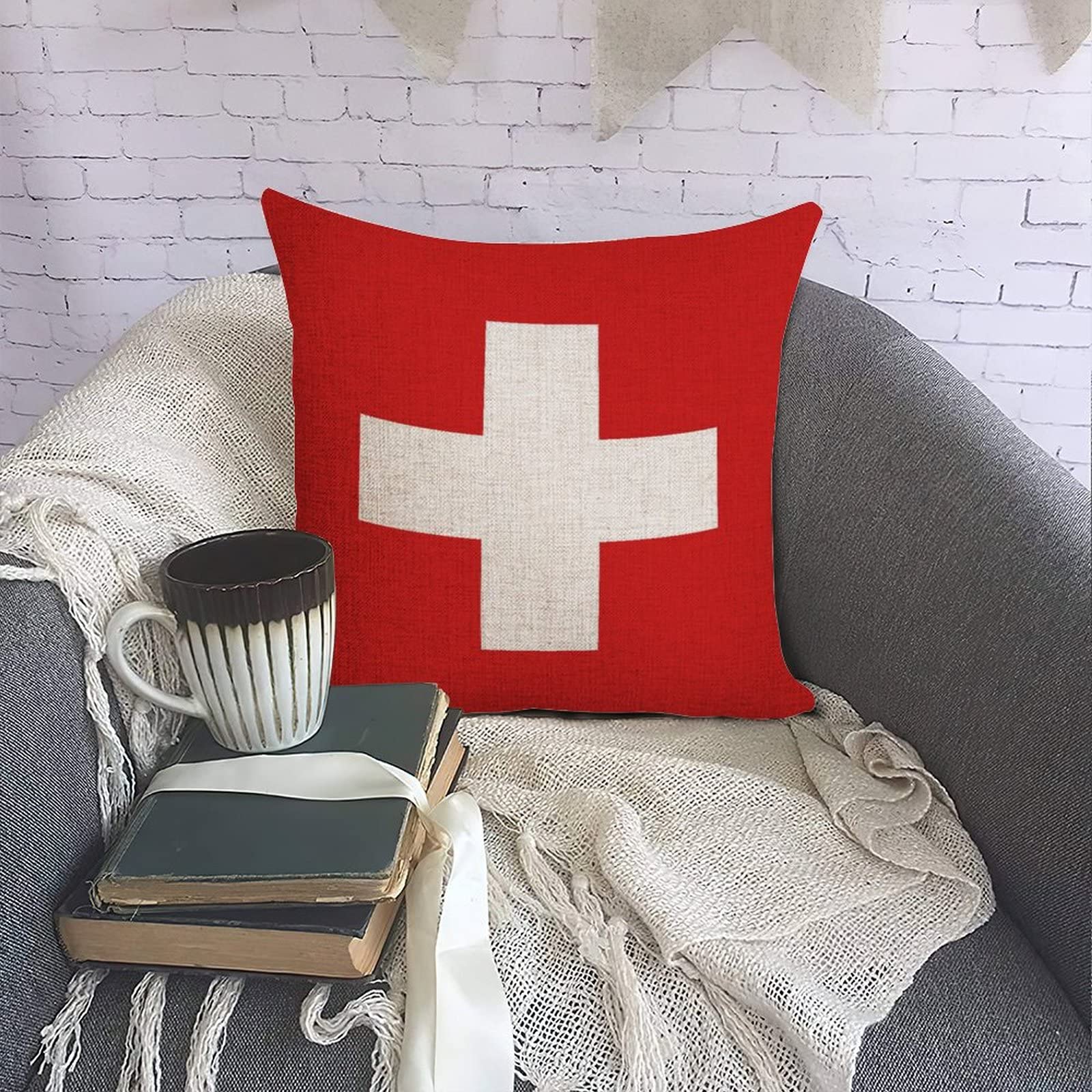 Zwitserland vlag boerderij decoratieve sierkussensloop 45 x 45 cm, vintage retro rustieke vlag kussenhoes hoes, patriottische vierkante kussensloop katoen linnen kussensloop voor mama papa vrienden