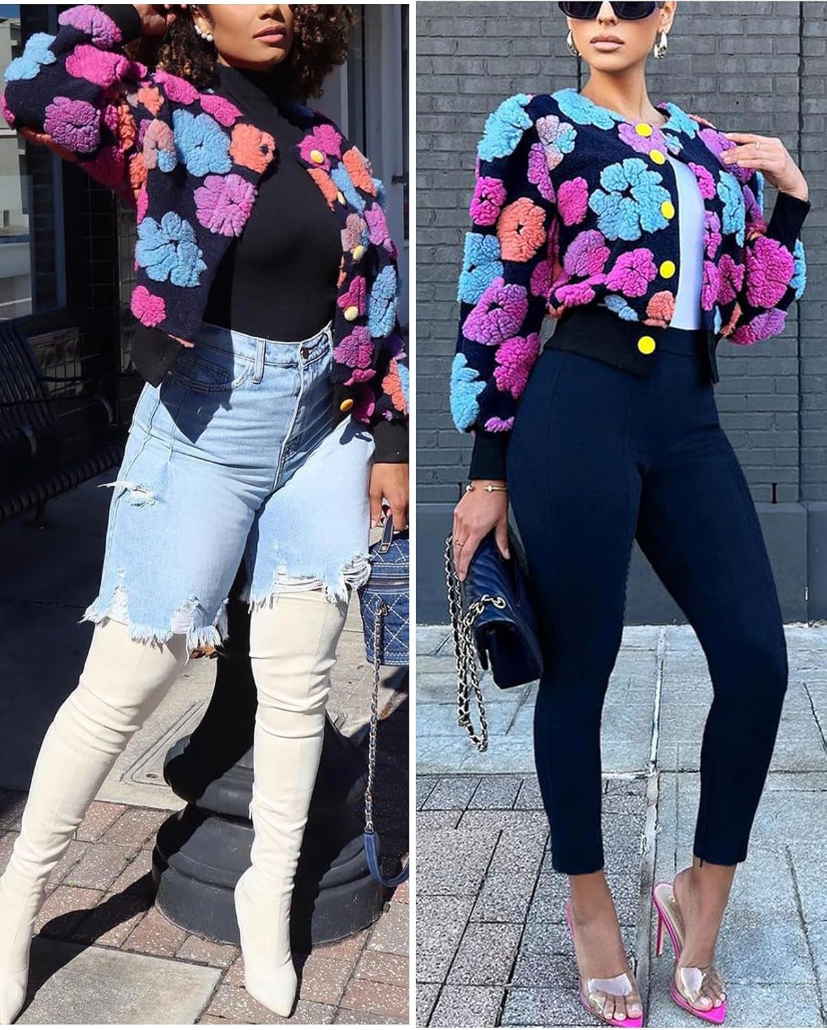 Yimoon Womens Cropped Floral Print Jacket Puff Sleeve Fleece Bomber Jacket Button Down Fall Winter Warm Outerwear - Image 6