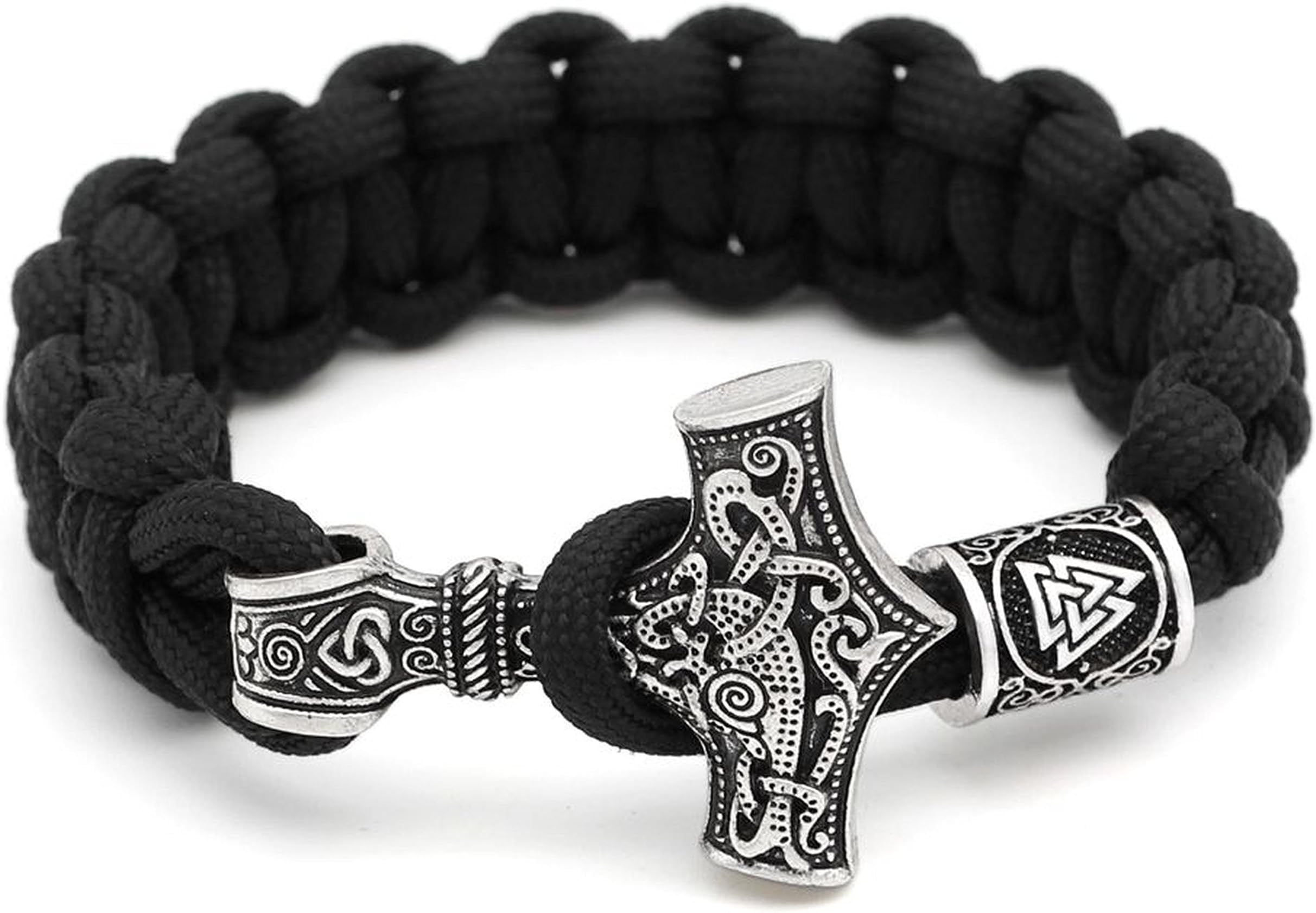 Black Paracord With Thor's Hammer Outdoor Rune Knot Amulet Mjolnir Stainless Steel - 100% Handmade -Viking Valknut - 19 cm wide