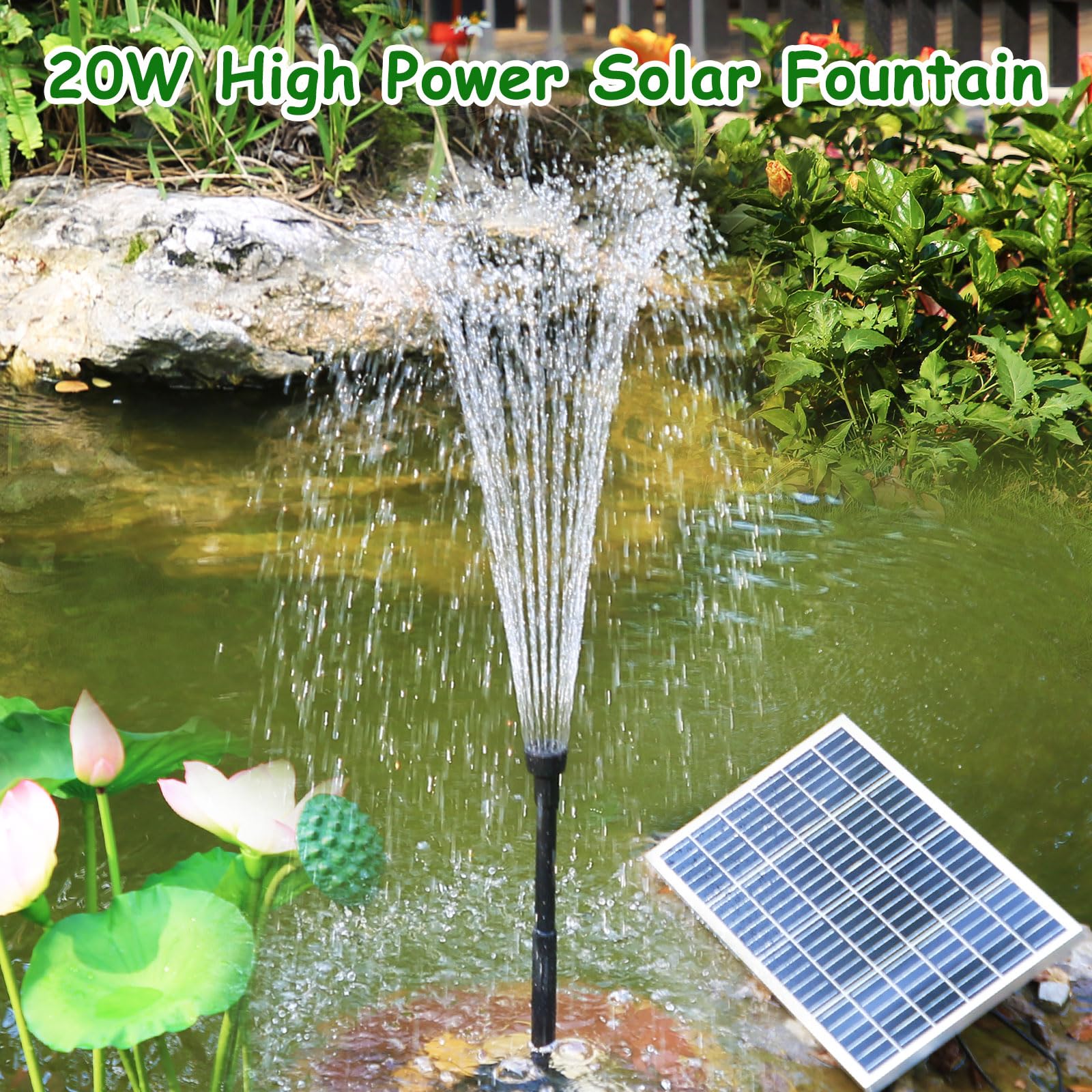 AMZtime 20W Solar Water Fountain, DIY Solar Powered Fountain Pump Kit with 6 Spray Effects - Image 2