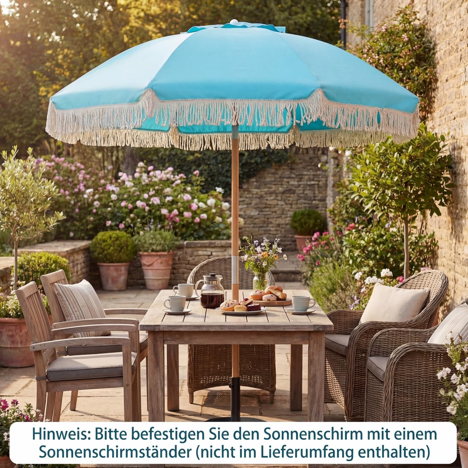 COSTWAY Sonnenschirm Boho, 170 cm Gartenschirm aus Holz, beidseitig um 30° knickbar, Balkonschirm mit Fransen, Terrassenschirm, Marktschirm für Garten, Balkon, Terrasse (Blau)