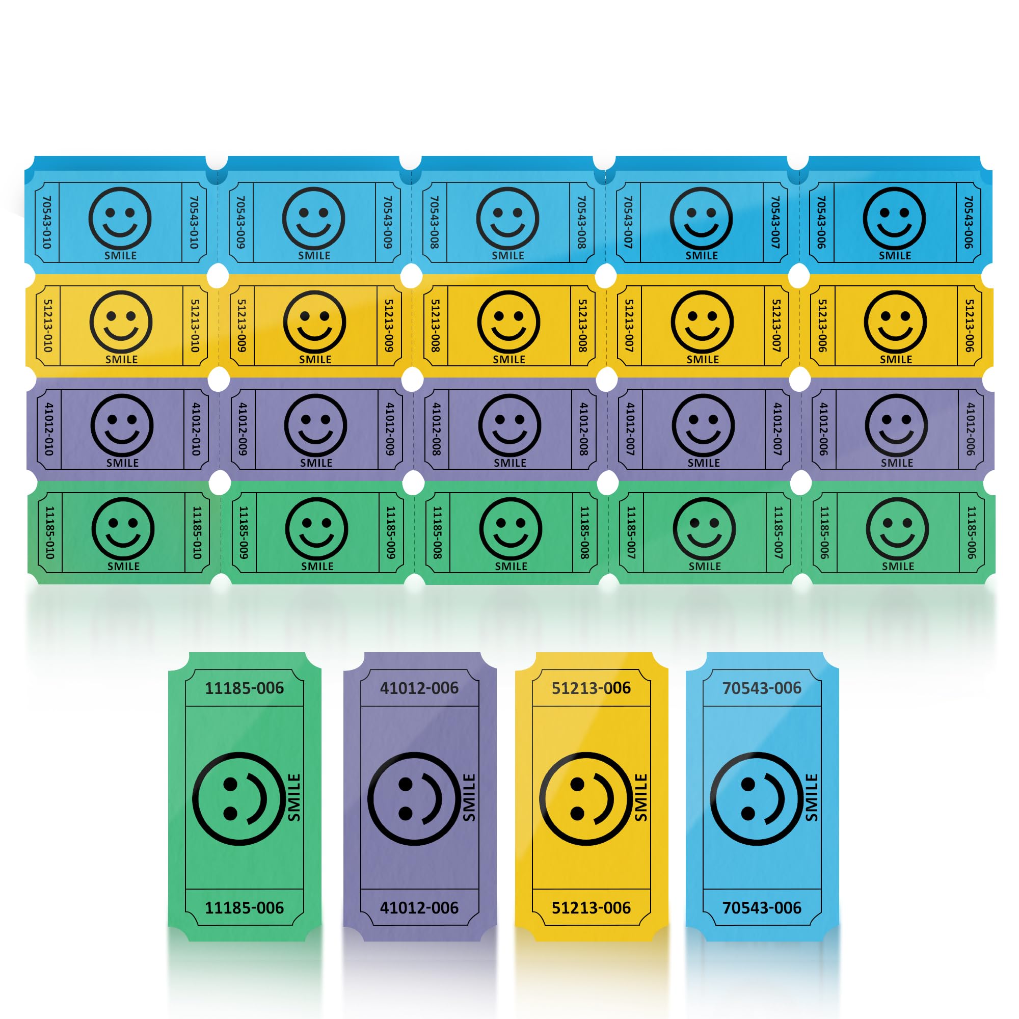 PM Company 1000 Raffle Tickets Single, Smile Tickets for Events, Leisure, Carnivals, Entry, Class Rewards, Prizes(Blue/Yellow/Purple/Green)