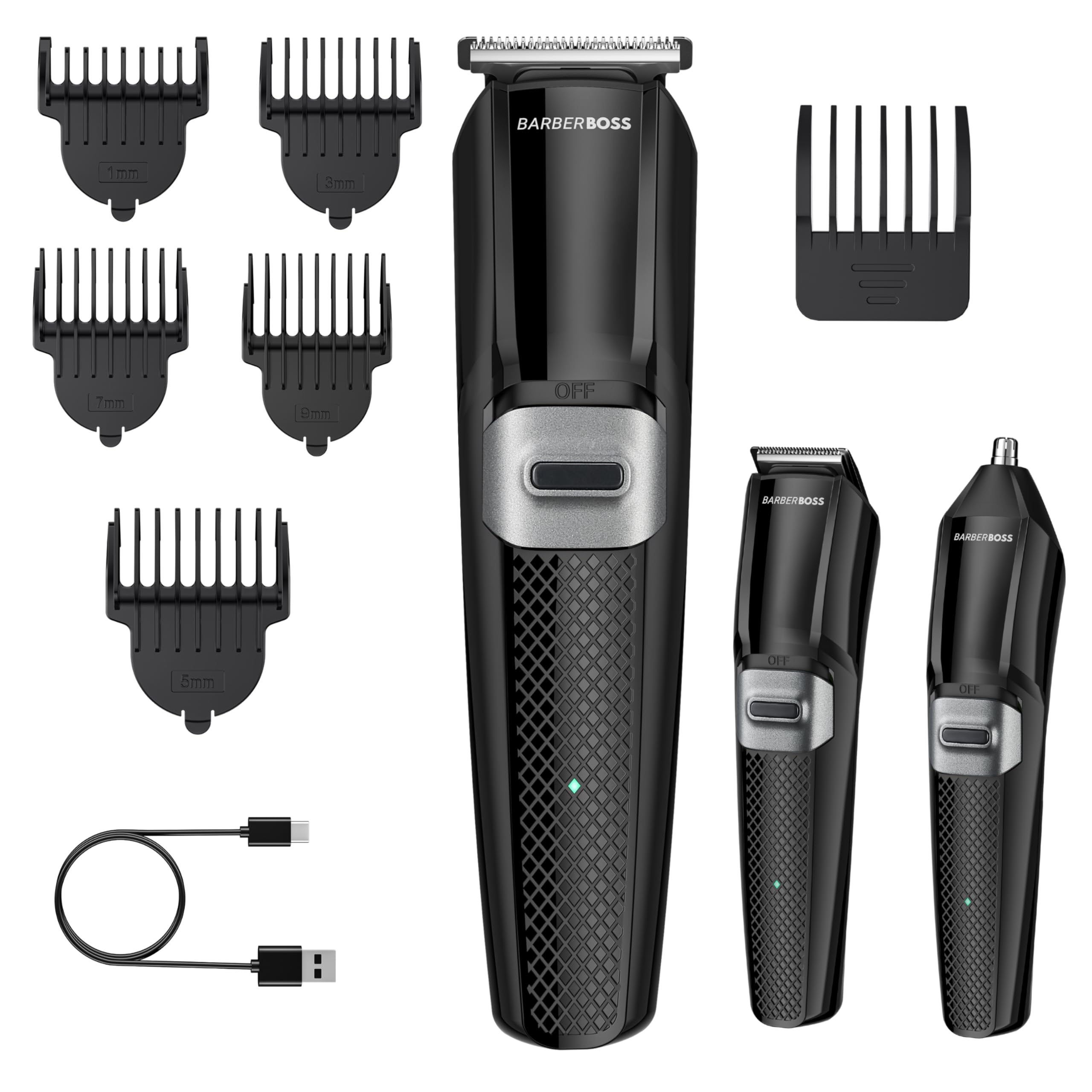 BarberBoss Cordless Grooming Kit for Men, Beard Trimmer, Hair Clipper & Nose Hair Trimmer, Men’s 3-in-1 Facial Groomer with USB Charging