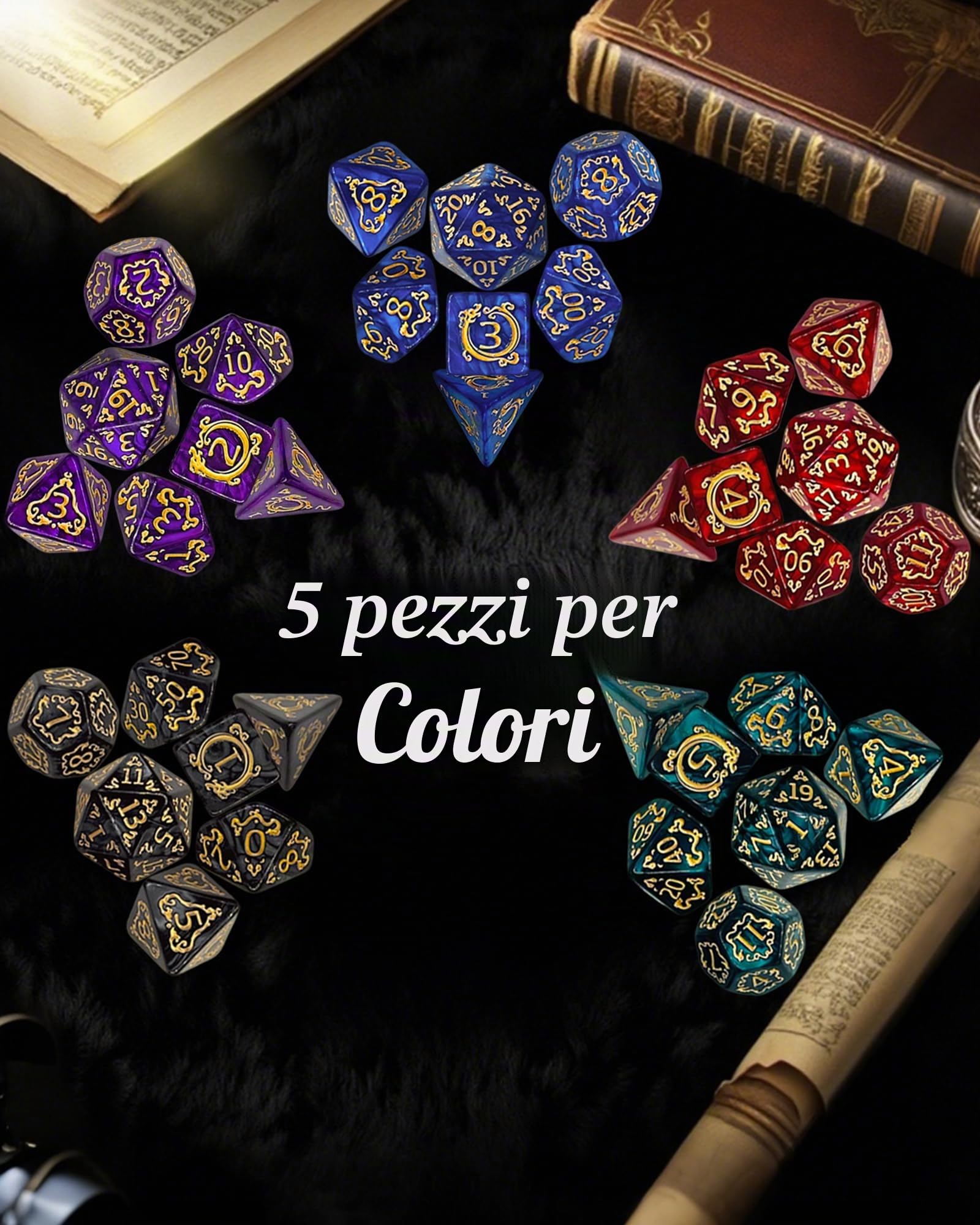 Set di Dadi Poliedrici, 35 Pezzi - 5 Set di Dadi per GDR con 1 Borsa per Dungeons and Dragons D&D RPG MTG Giochi da Tavolo, Include D20, D12, D8, D6, D4, D10 (0-9) e D10 (00-90)