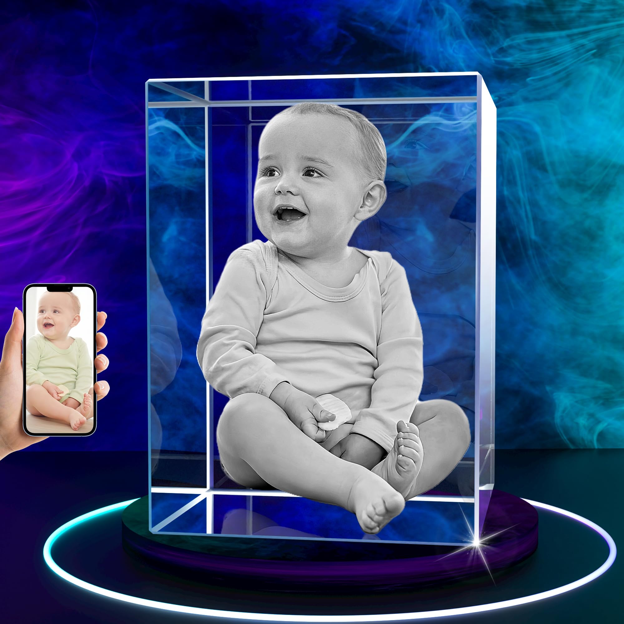 3D Crystal Photo, Personalized Gifts for Women, Men, Customized Gifts for Mom, Dad, Couple, 3D Laser Engraved Glass Picture, Anniversary Birthday Memorial Christmas gifts, Cube, S