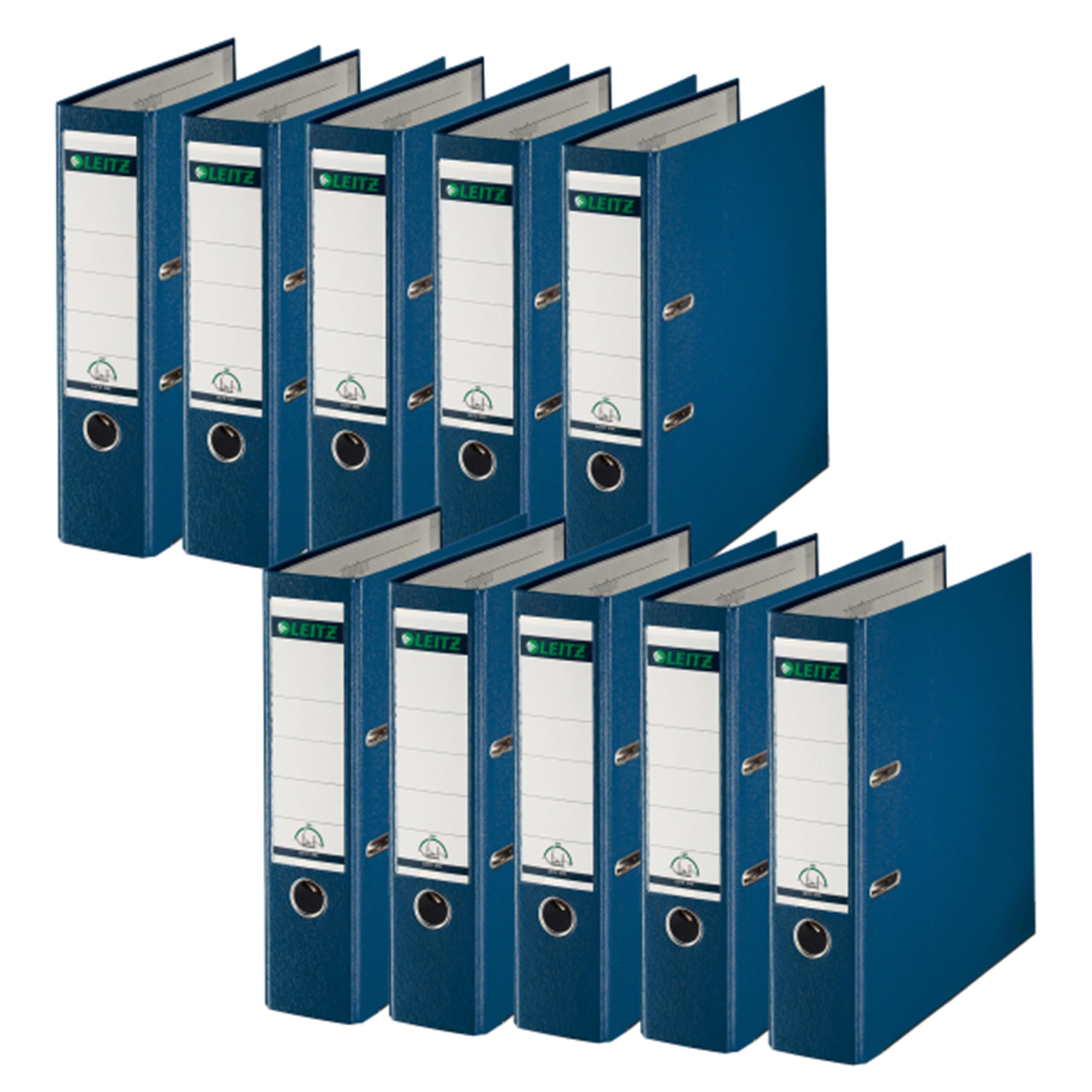 Leitz - 10 Raccoglitori a leva A4 per ufficio, Registratore con meccanismo a leva apertura a 180°, Portaetichette sostituibile, Capacità 600 fogli A4, 10101035, Blu