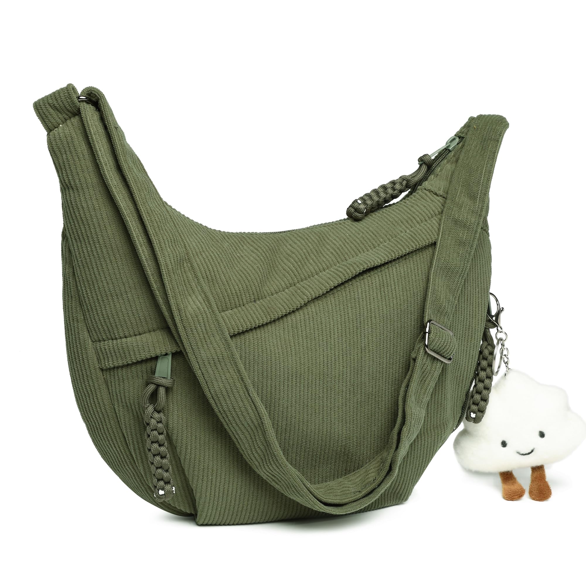 Micmores Umhängetasche Damen aus Cord, Modell 2026 - Qualitäts-Upgrade Crossbody Moon Bag mit iPad-Fach, Stylische Halbmond Tasche mit verstellbarem Schultergurt für Alltag & Reisen (Grün)