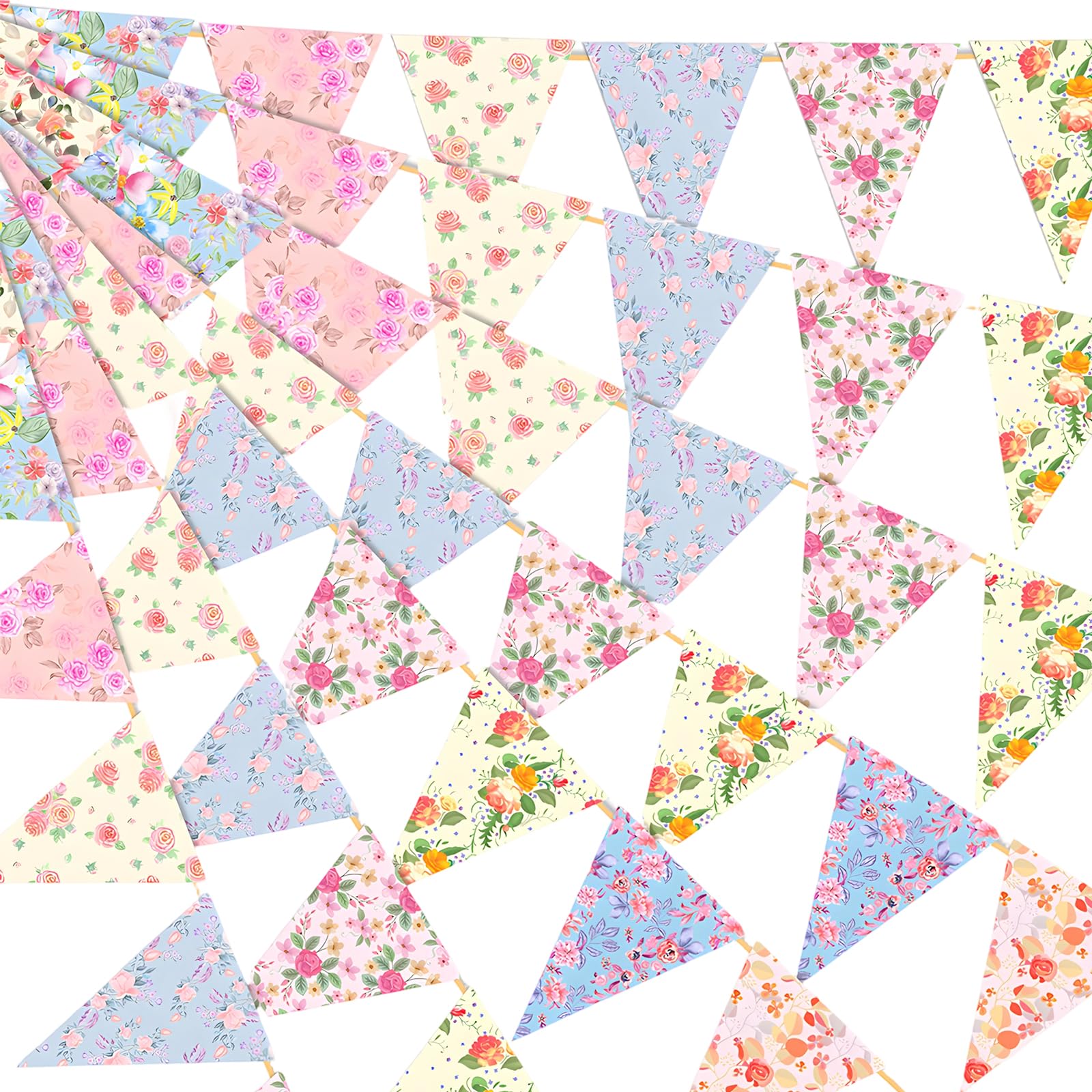 Bunting Fabric, 27Pcs Floral Bunting for Garden and Outdoor Use, Vintage Style Waterproof for Party Decorations, Home Outdoor Garden Birthday Wedding National Day Party Decoration