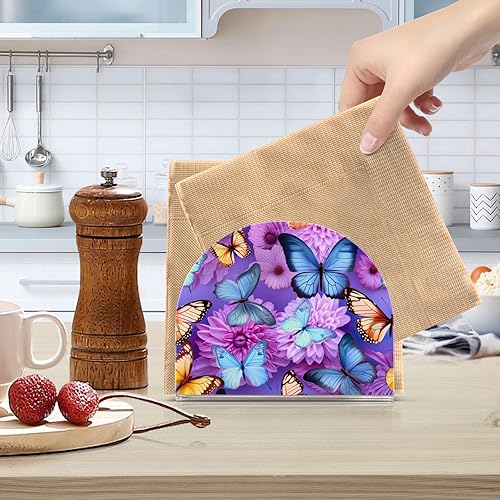 Miniatura 6 de Dispensador de servilletas de flores moradas con mariposas, soporte de acrílico para servilletas de cóctel para mesas, servilleta de pie para cena,