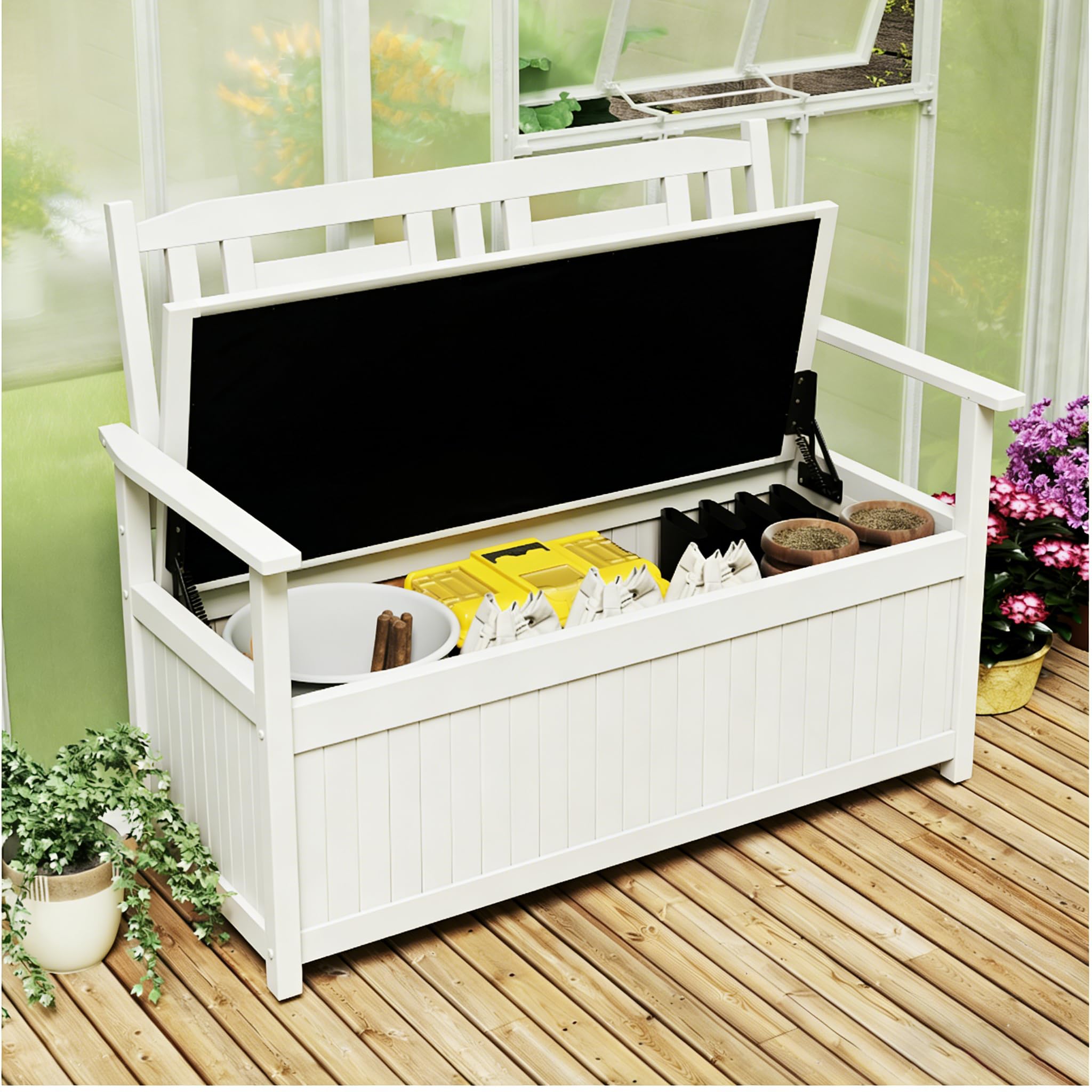 KOMFOTTEU Banco Arcón de Jardín de 2 Plazas, Banco Exterior de Madera Maciza con Almacenamiento 185 L, Baúl Contenedor con Reposabrazos y Respaldo, Carga 250 kg, 123 x 68,5 x 96 cm (Blanco)