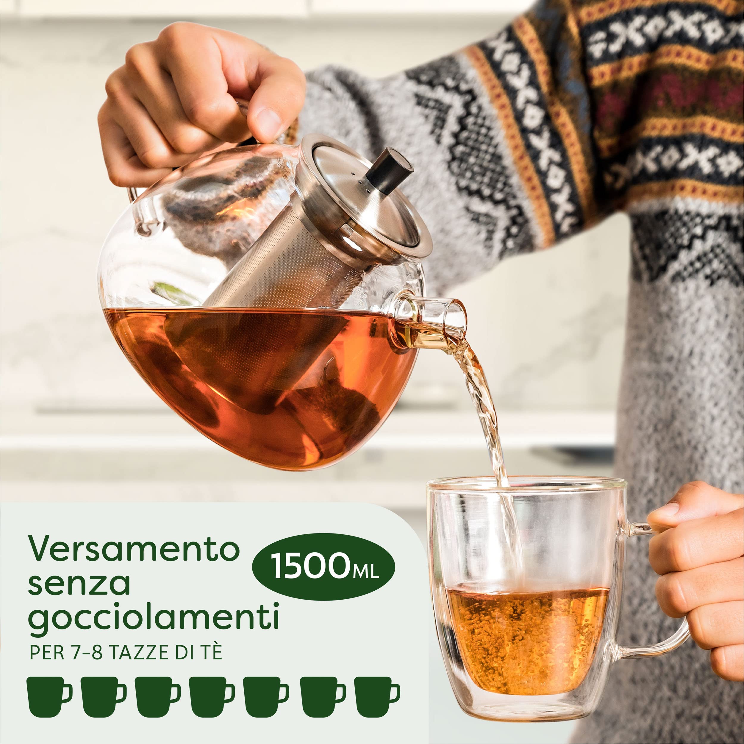 Cosumy Teiera con Infusore con Scaldino - 1,5l Vetro Borosilicato - Lavabile in Lavastoviglie - Resistente al Calore - Grandi Teiera