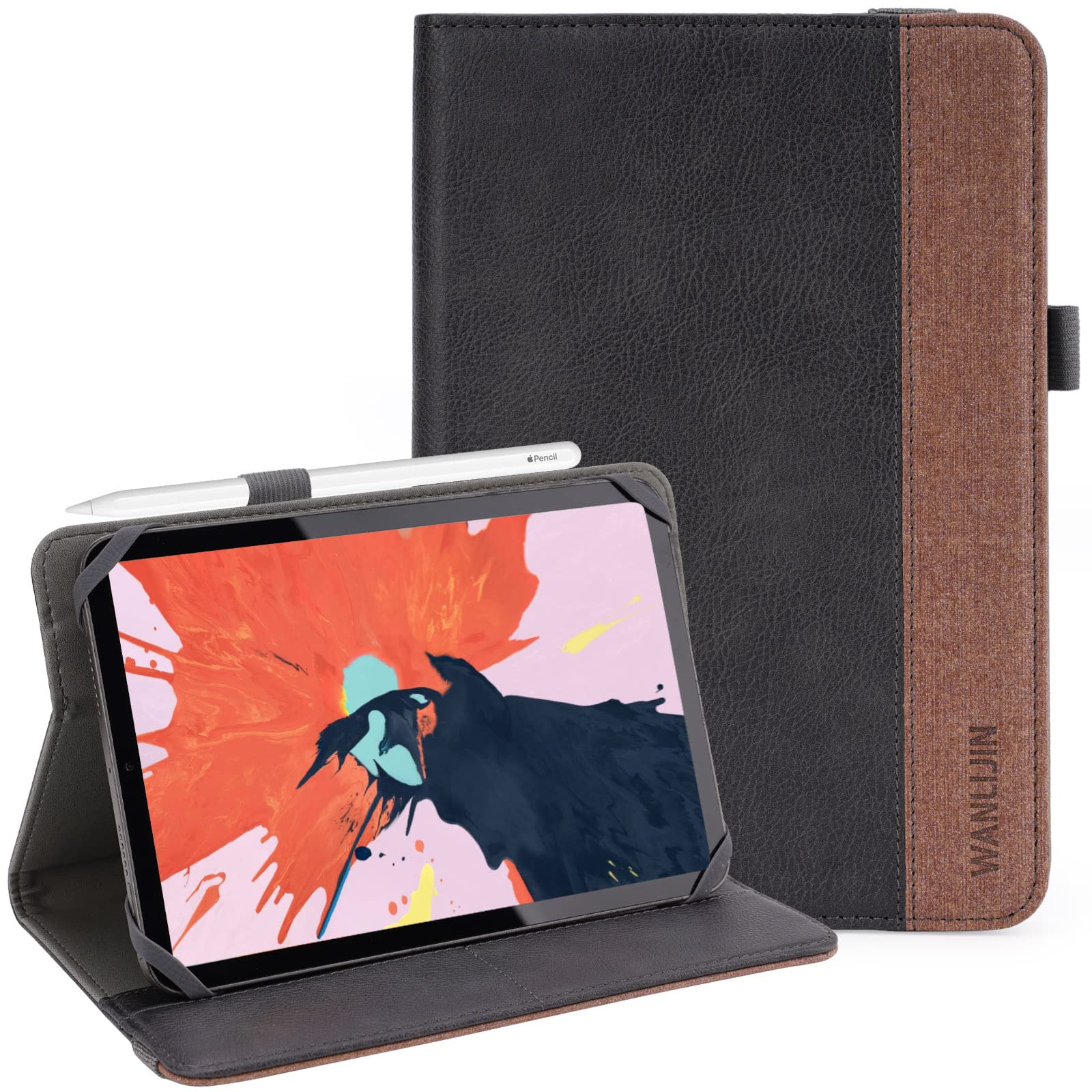WANLIJIN Universal Tablet Case, Protective Cover Stand Folio Case for 7-8 Inch Android Touchscreen Tablet, with 360 Degree Rotatable Kickstand and Multiple Viewing Angles (Black Brown)