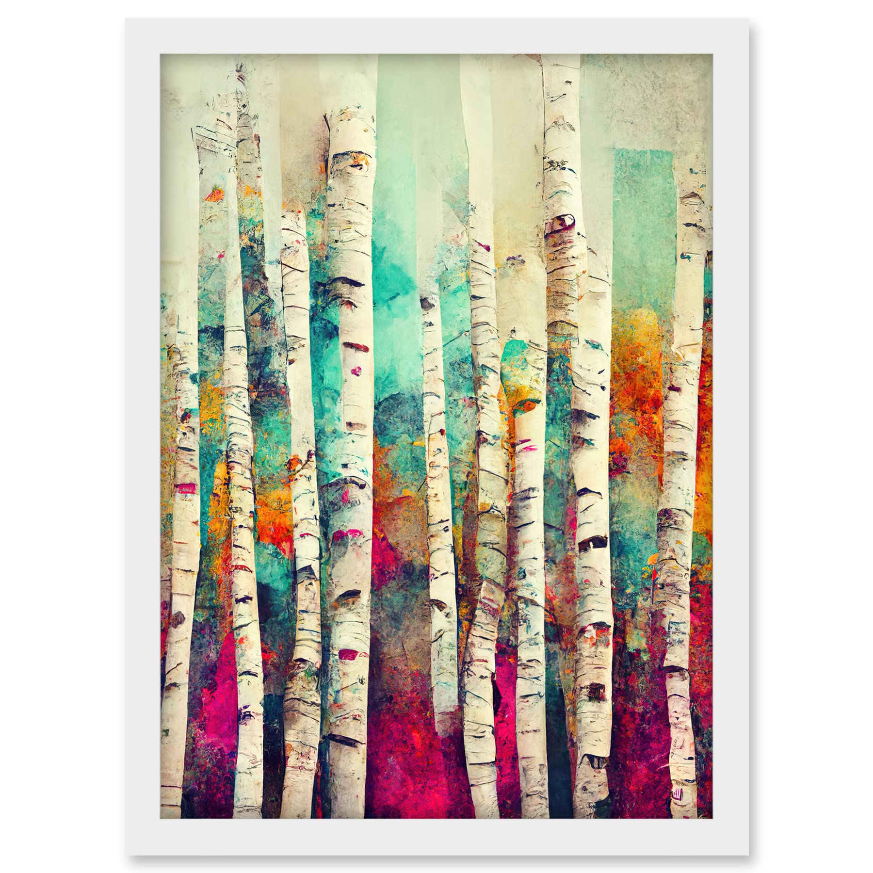 Wee Blue Coo Abstract Multi Coloured Birch Tree Forest Vibrant Colourful Oil Painting Artwork Framed A3 Wall Art Print