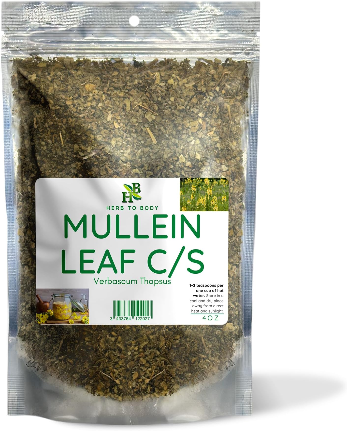 Herb To Body Mullein Leaf Cut & Sifted - Conventional Wildcrafted - Fresh Herbs - Premium Quality 4oz