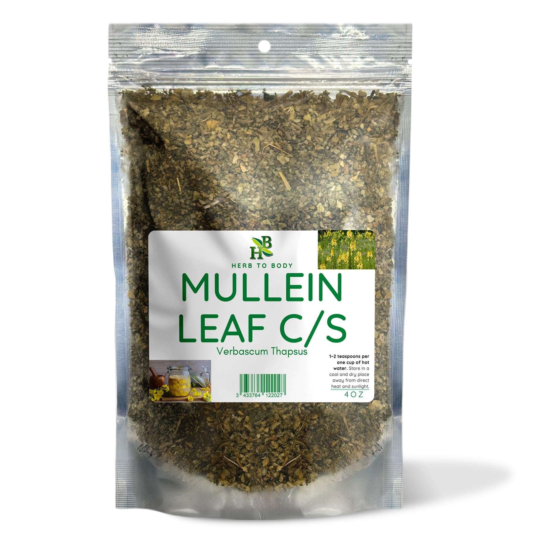 Herb To Body Mullein Leaf Cut & Sifted - Conventional Wildcrafted - Fresh Herbs - Premium Quality 4oz